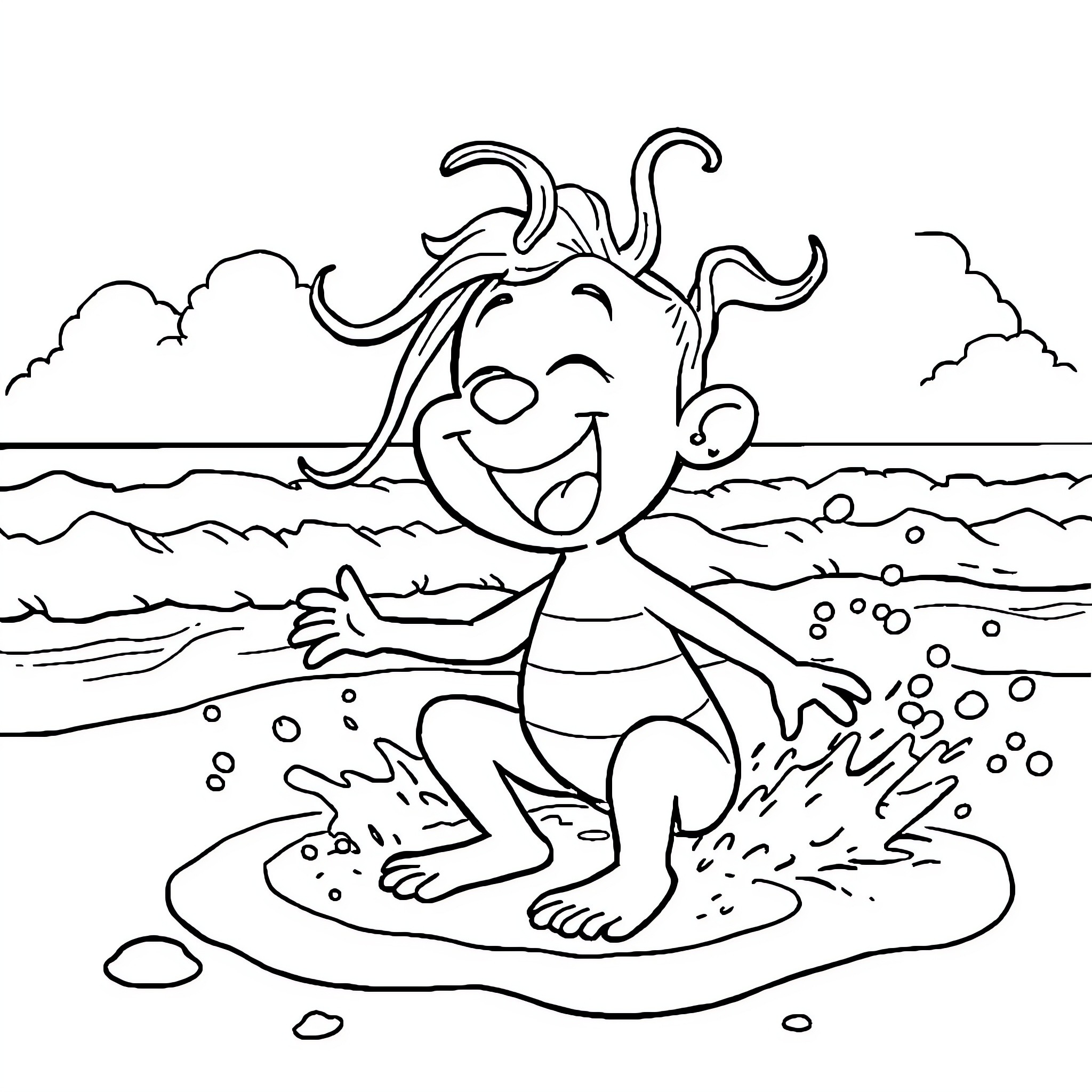 Fun Playful Creature Splashing in the Waves Coloring Page (free black-and-white line drawing printable PDF for all, from beginners to advanced learners, including children, teens, adults, and seniors)