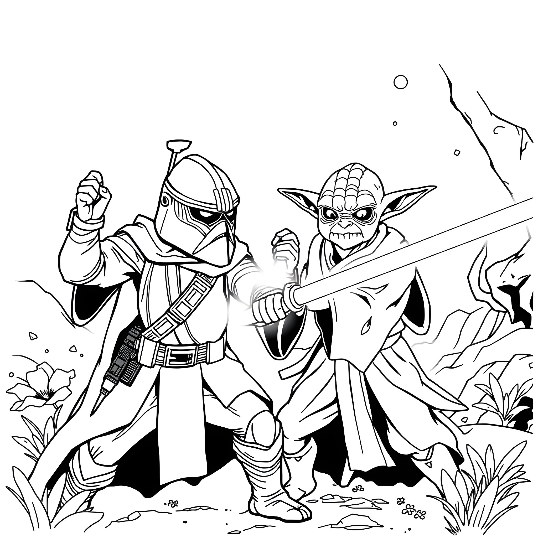 Captain Rex and Yoda in Battle Coloring Page (free black-and-white line drawing printable PDF for all, from beginners to advanced learners, including children, teens, adults, and seniors)