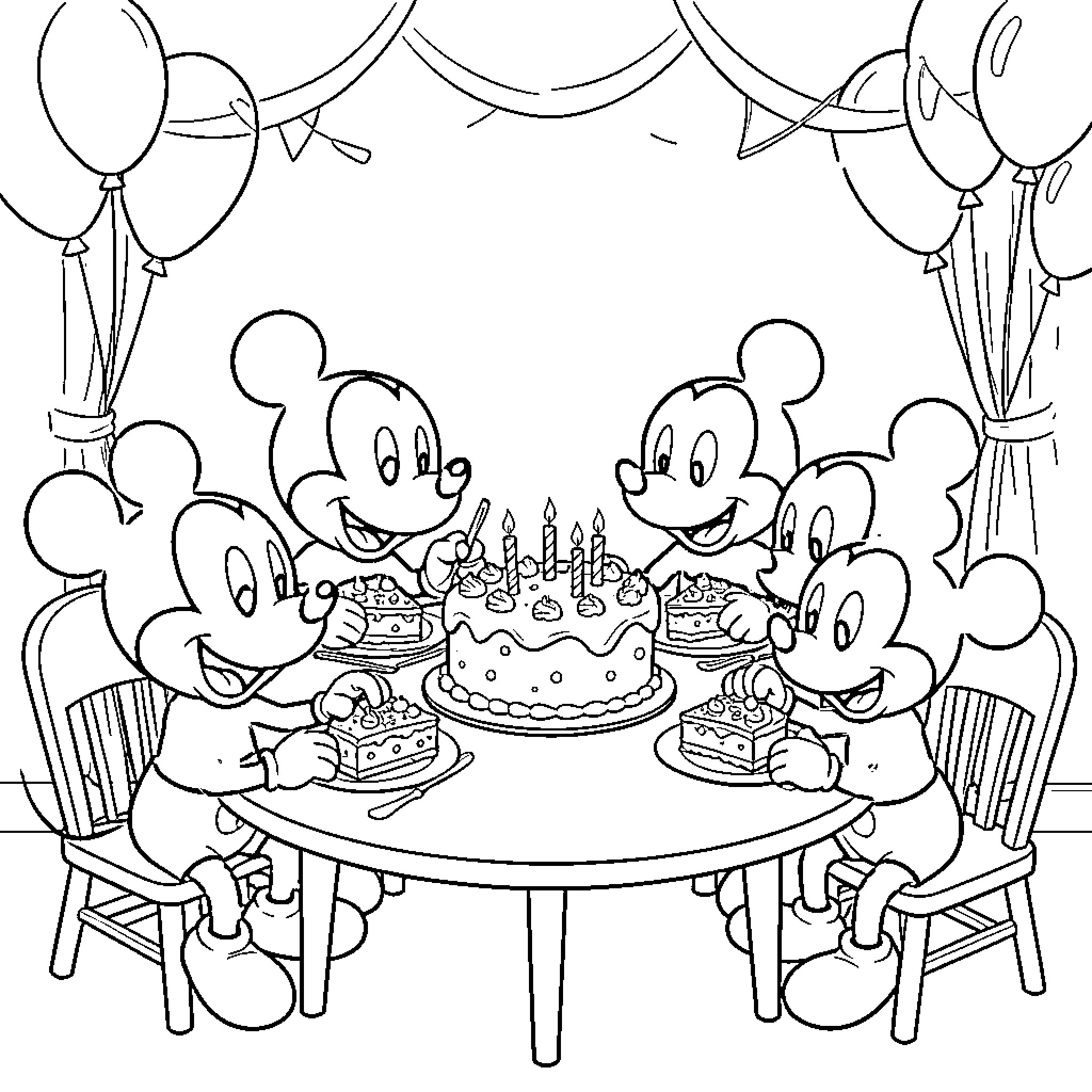 Mickey and friends celebrating with a birthday cake Coloring Page (free black-and-white line drawing printable PDF for all, from beginners to advanced learners, including children, teens, adults, and seniors)