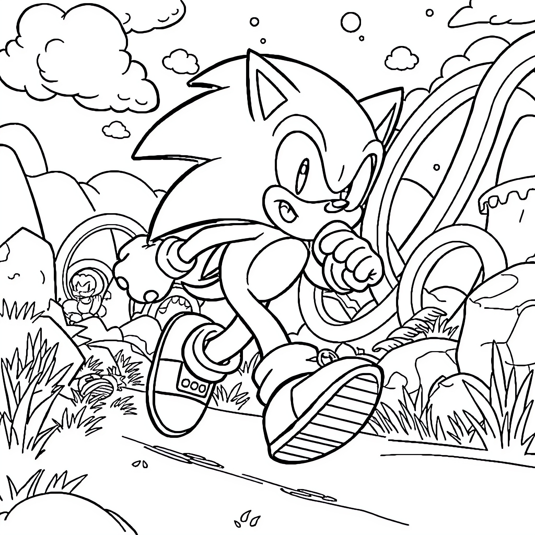 Sonic dashing through a vibrant landscape Coloring Page (free black-and-white line drawing printable PDF for all, from beginners to advanced learners, including children, teens, adults, and seniors)