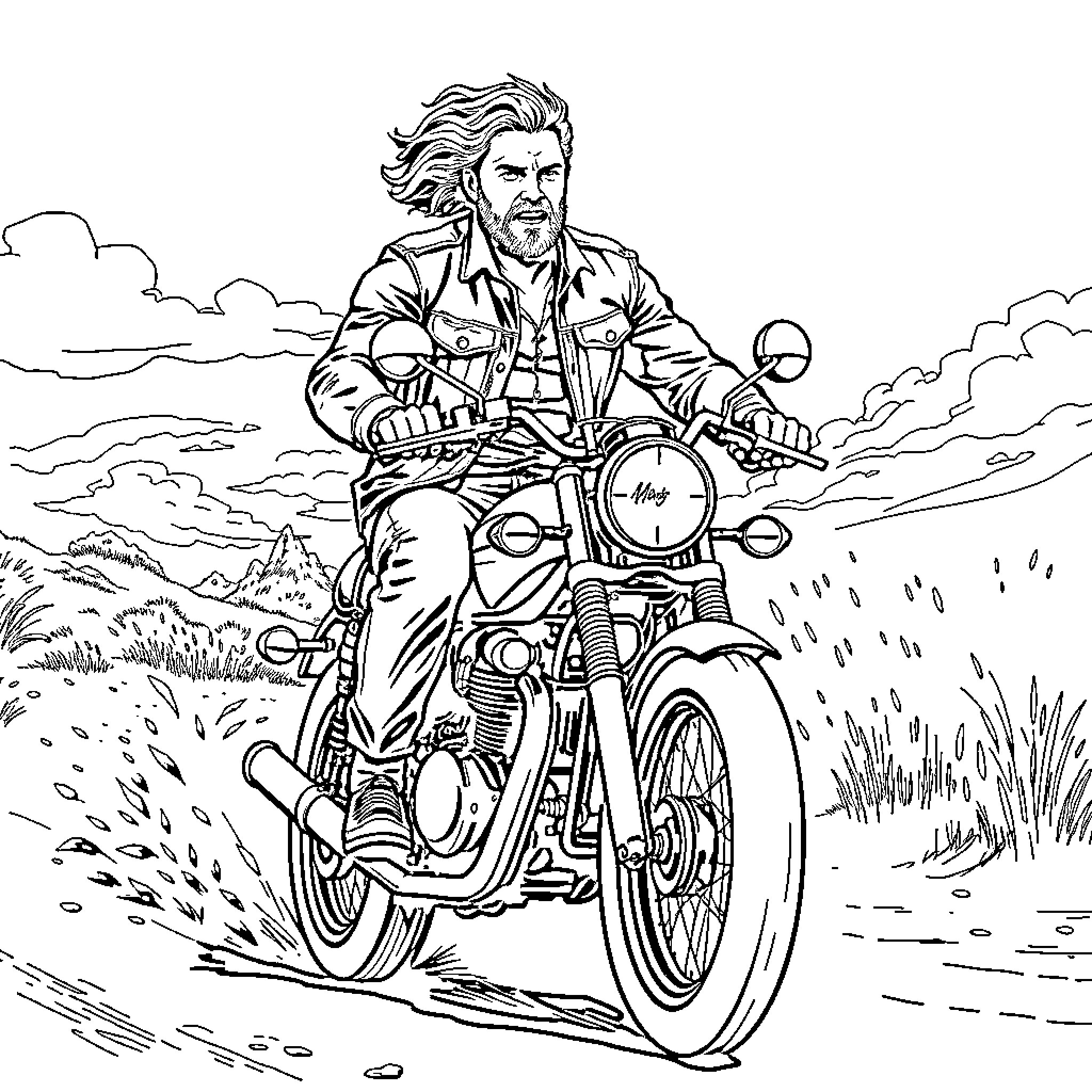 Arthur Morgan riding motorcycle through rugged terrain Coloring Page (free black-and-white line drawing printable PDF for all, from beginners to advanced learners, including children, teens, adults, and seniors)