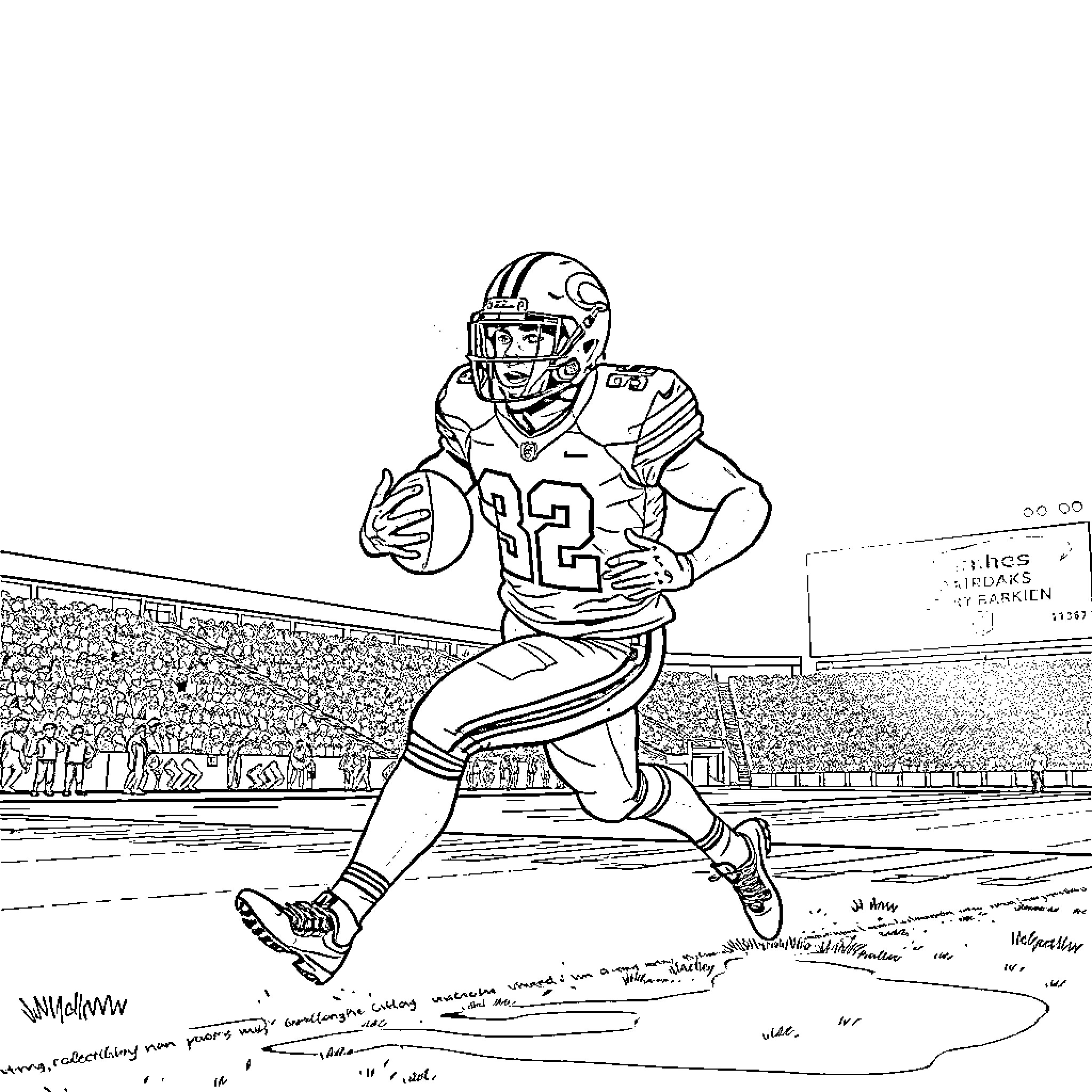 Saquon Barkley running with football on field Coloring Page (free black-and-white line drawing printable PDF for all, from beginners to advanced learners, including children, teens, adults, and seniors)
