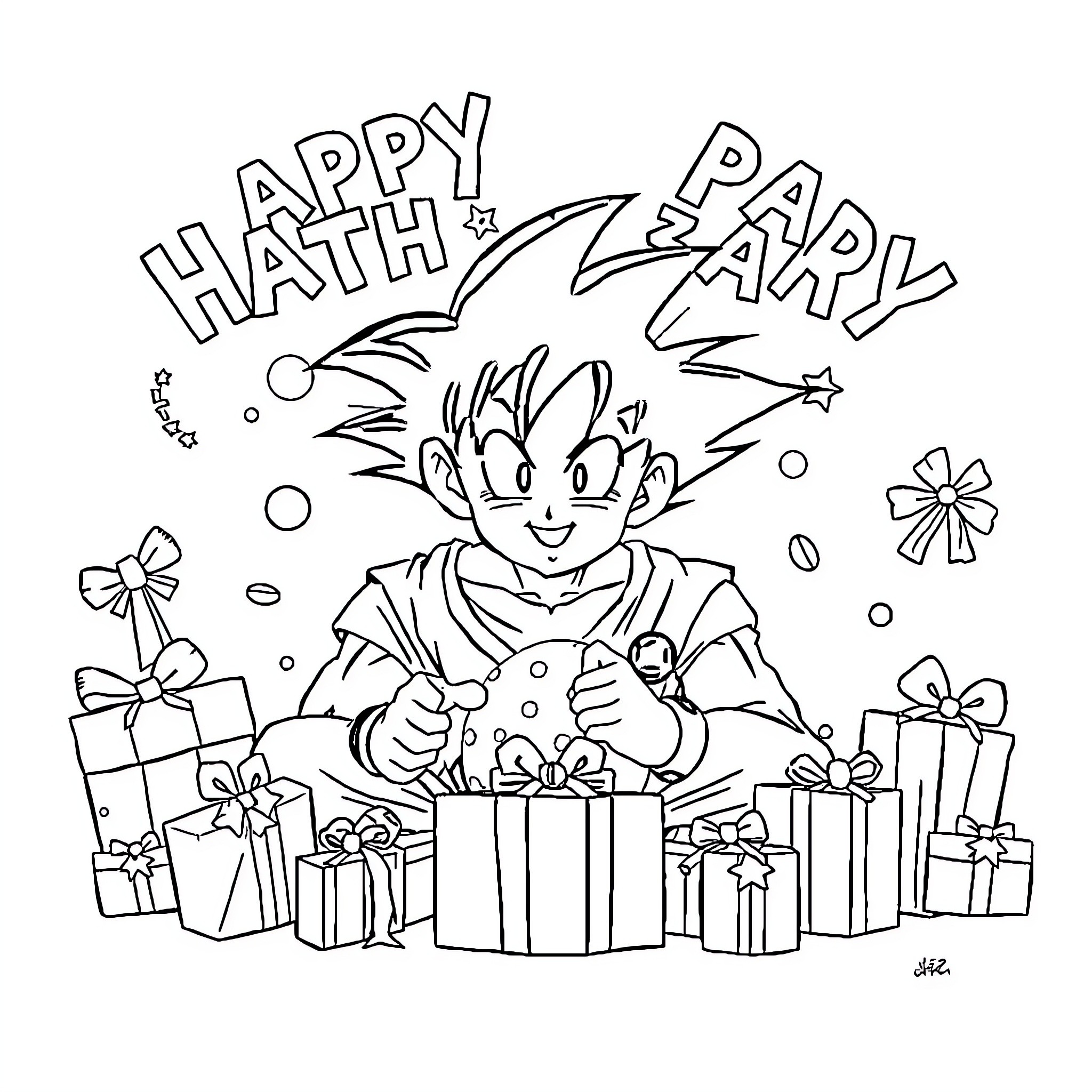 Dragon Ball Z Character Celebrating Happy Birthday Party Coloring Page (free black-and-white line drawing printable PDF for all, from beginners to advanced learners, including children, teens, adults, and seniors)