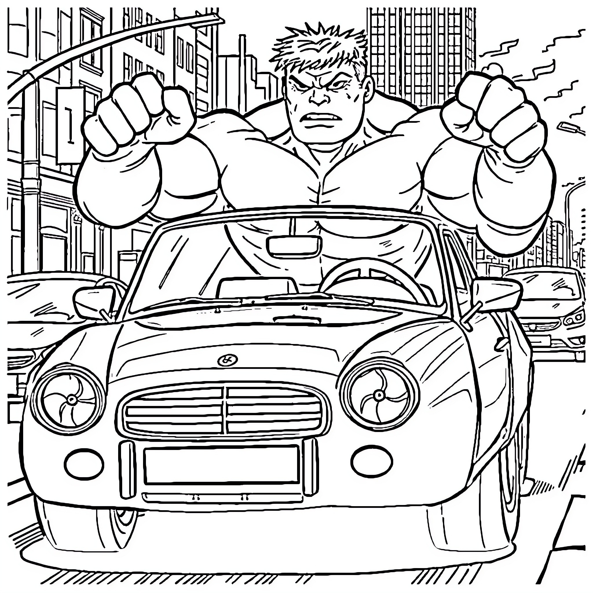 Hulk Smashes Through City in Muscle Car Coloring Page (free black-and-white line drawing printable PDF for all, from beginners to advanced learners, including children, teens, adults, and seniors)