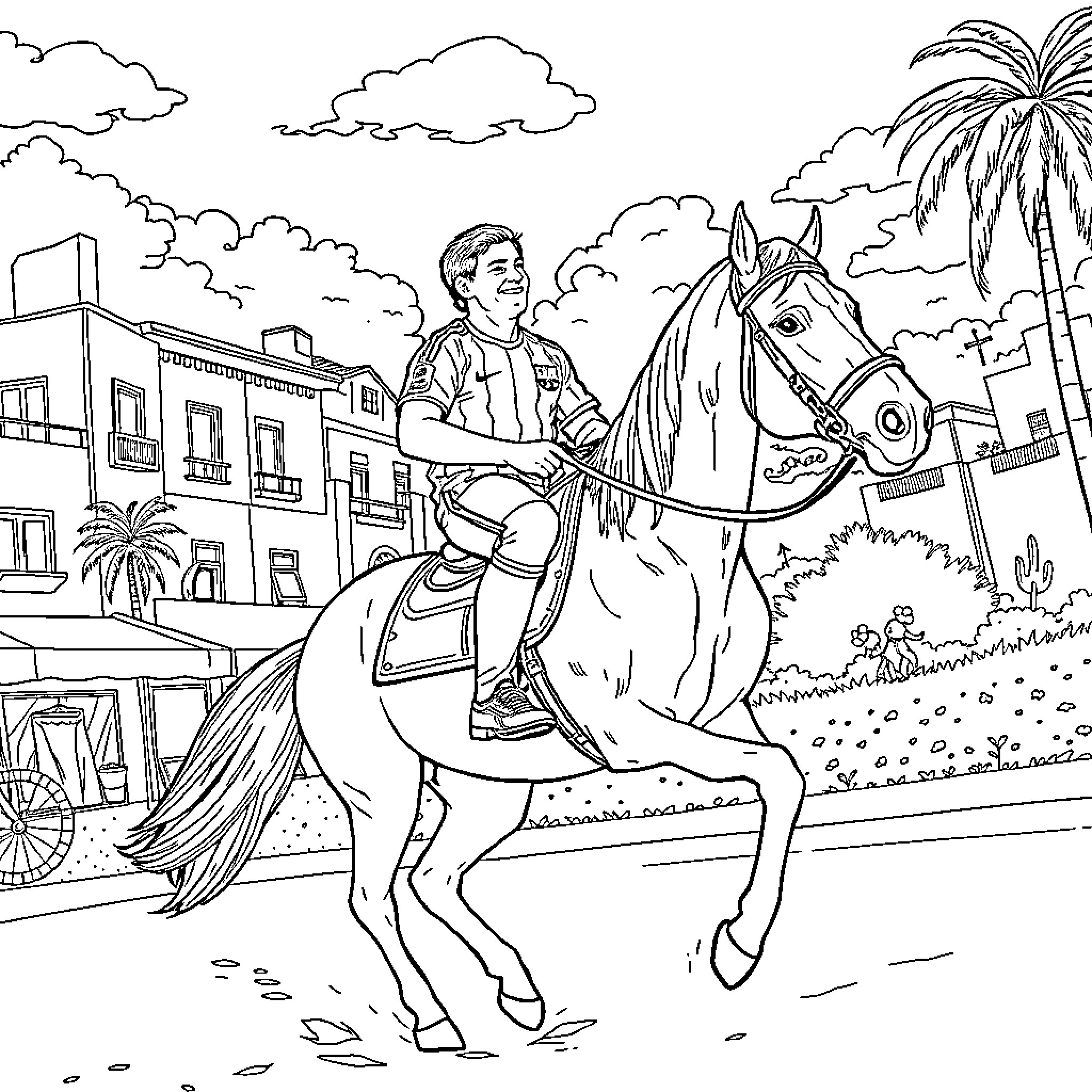 Lionel Messi horseback riding in a scenic town Coloring Page (free black-and-white line drawing printable PDF for all, from beginners to advanced learners, including children, teens, adults, and seniors)