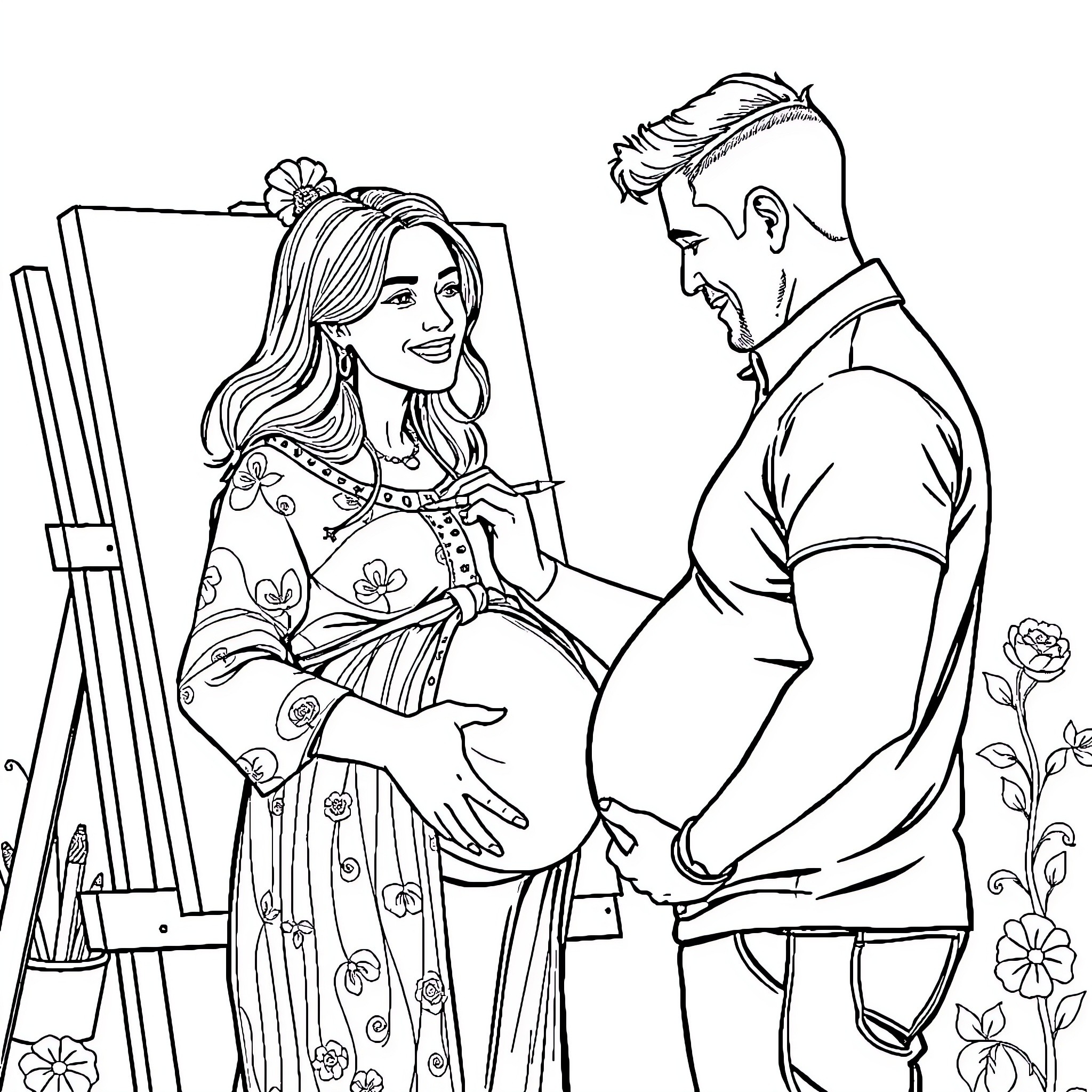 Man painting portrait of smiling woman Coloring Page (free black-and-white line drawing printable PDF for all, from beginners to advanced learners, including children, teens, adults, and seniors)