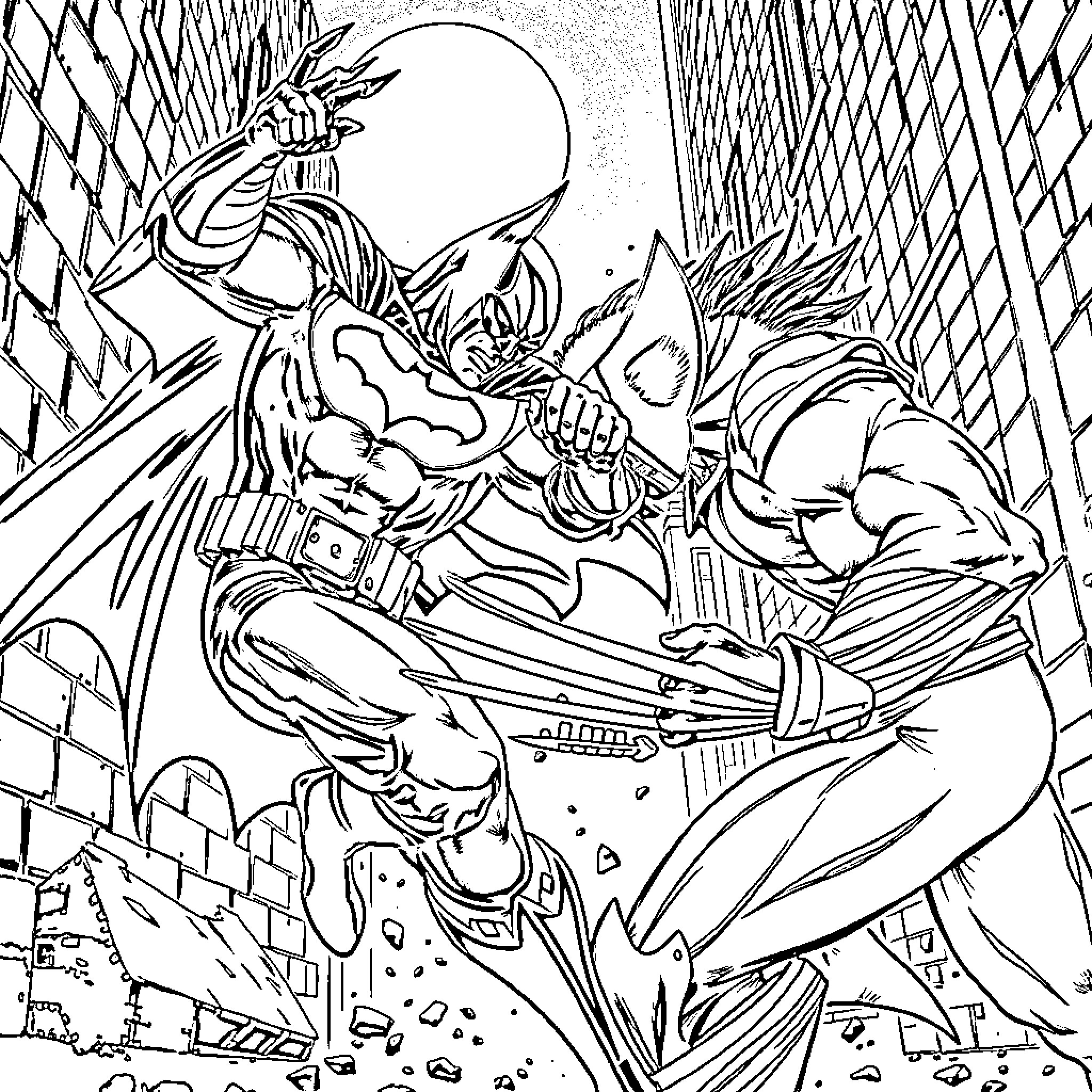 Batman's Heroic Clash with a Formidable Foe Coloring Page (free black-and-white line drawing printable PDF for all, from beginners to advanced learners, including children, teens, adults, and seniors)