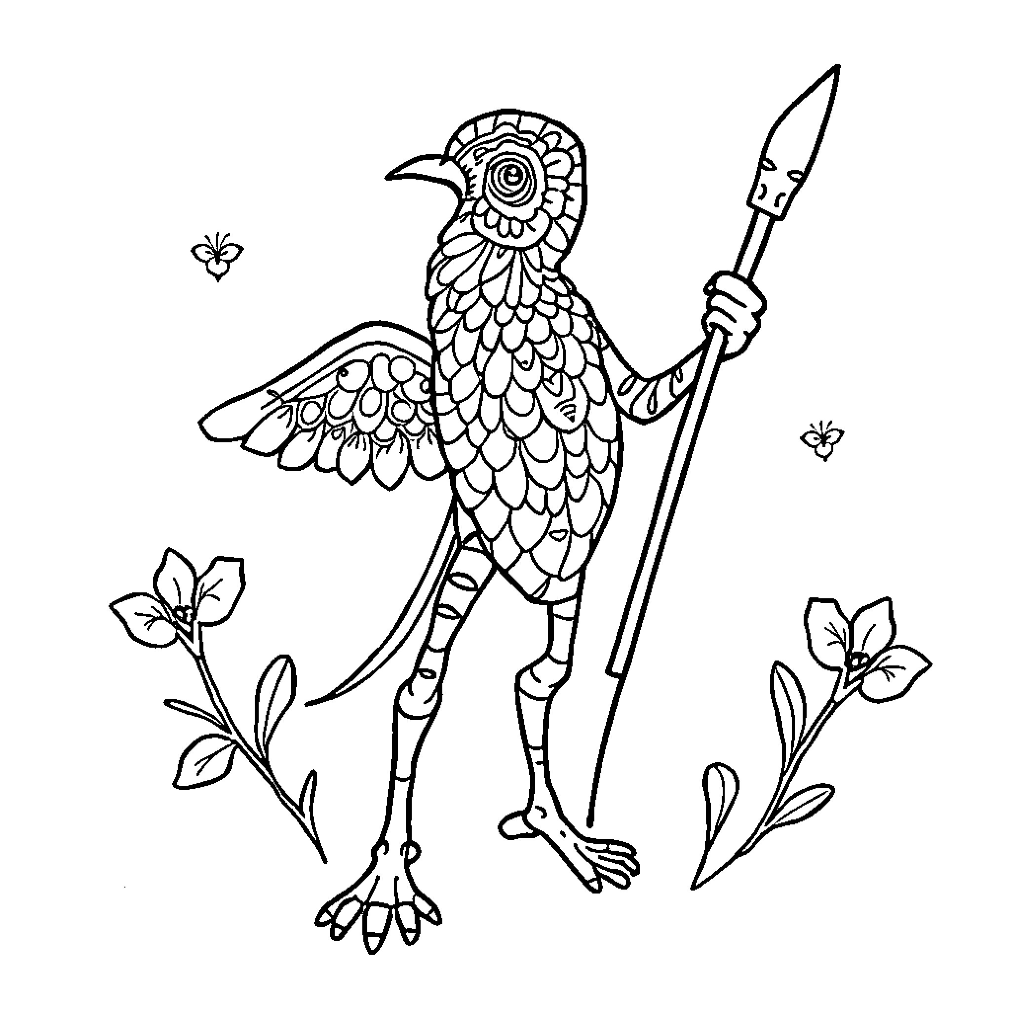 Dibujo of a decorated bird with a spear Coloring Page (free black-and-white line drawing printable PDF for all, from beginners to advanced learners, including children, teens, adults, and seniors)