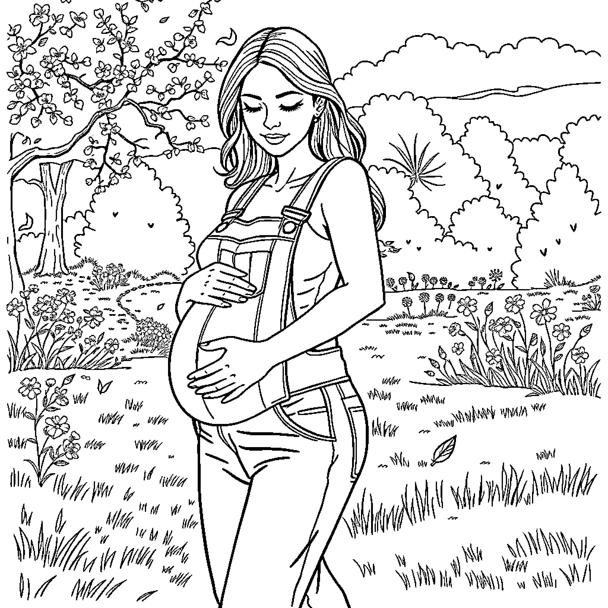 Mother enjoying peaceful moment in nature Coloring Page (free black-and-white line drawing printable PDF for all, from beginners to advanced learners, including children, teens, adults, and seniors)