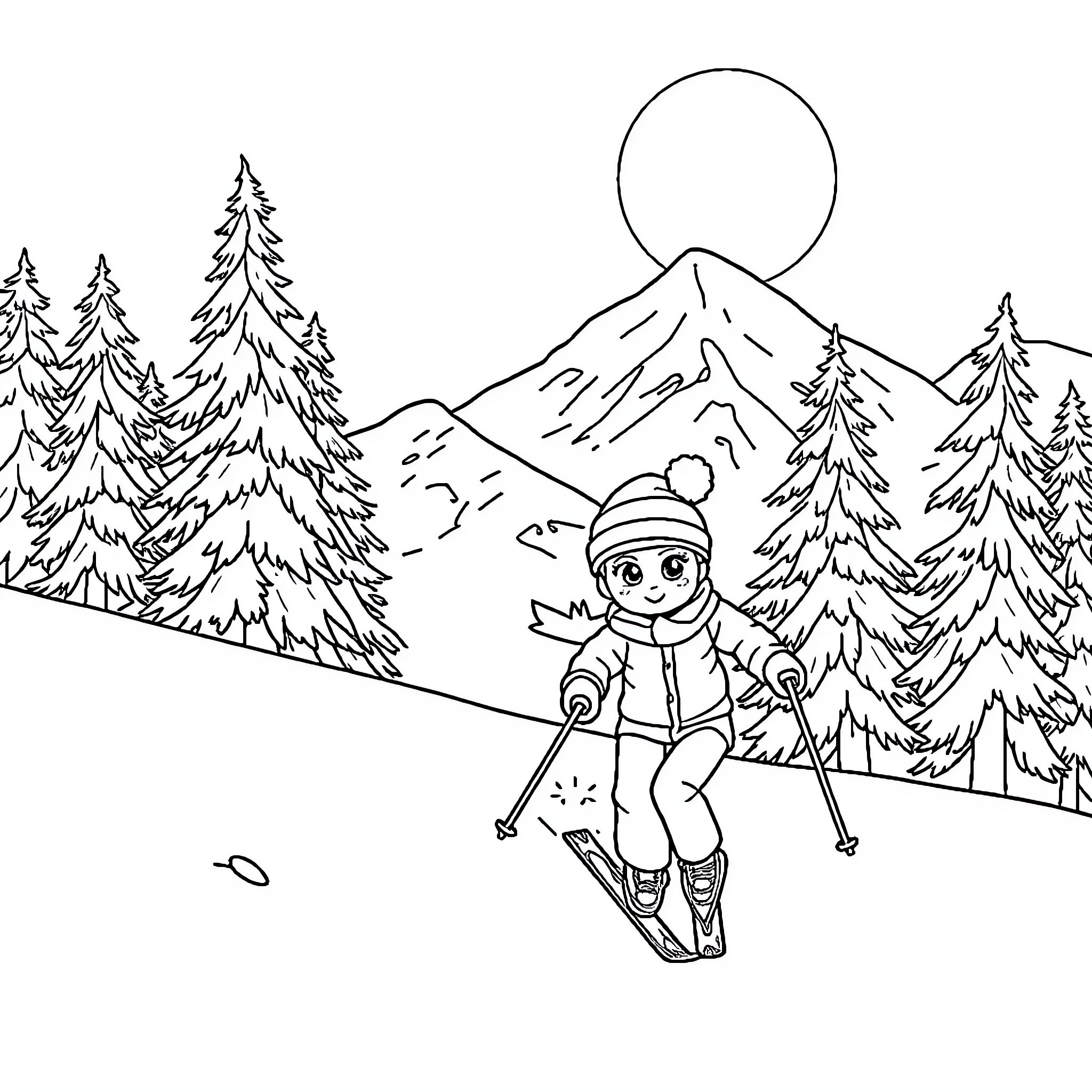 Titi skiing down the snowy mountain Coloring Page (free black-and-white line drawing printable PDF for all, from beginners to advanced learners, including children, teens, adults, and seniors)