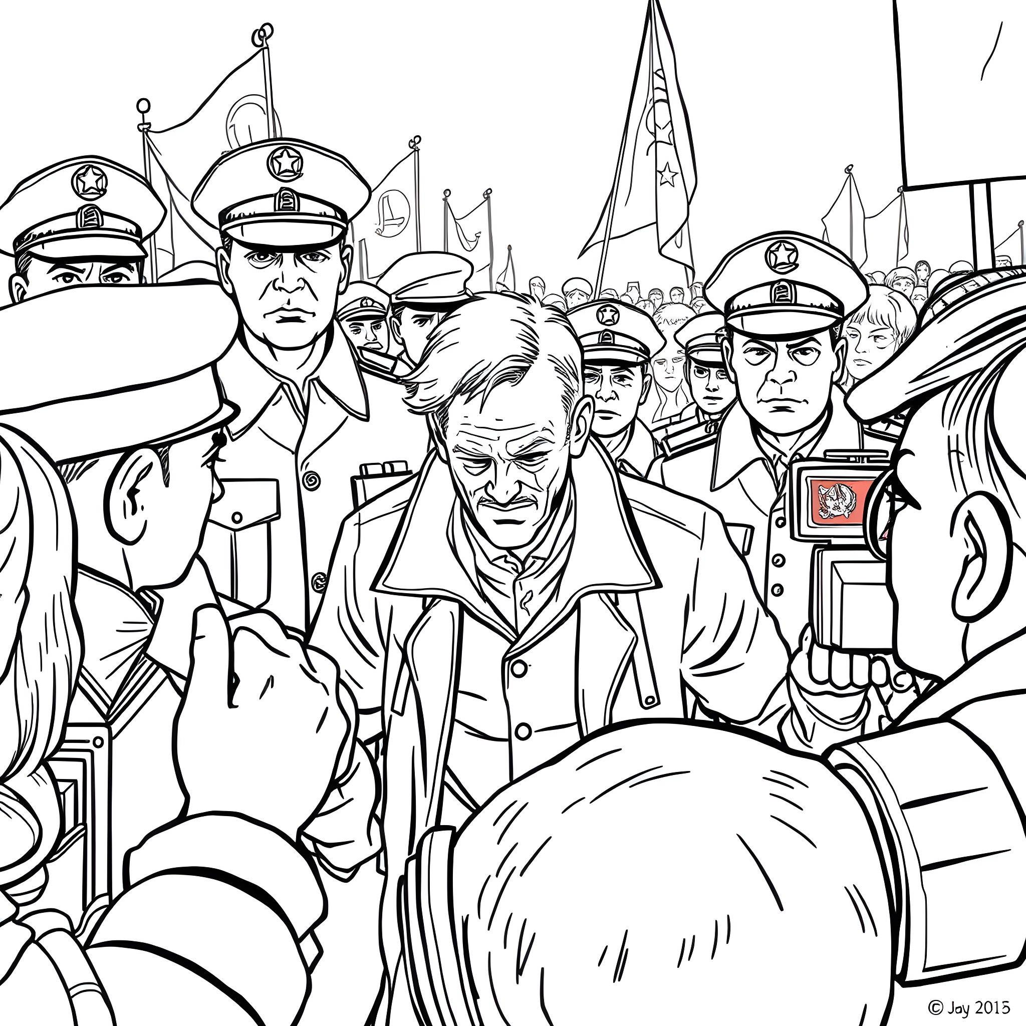 Communist Leaders in Military Uniform at Parade Coloring Page (free black-and-white line drawing printable PDF for all, from beginners to advanced learners, including children, teens, adults, and seniors)