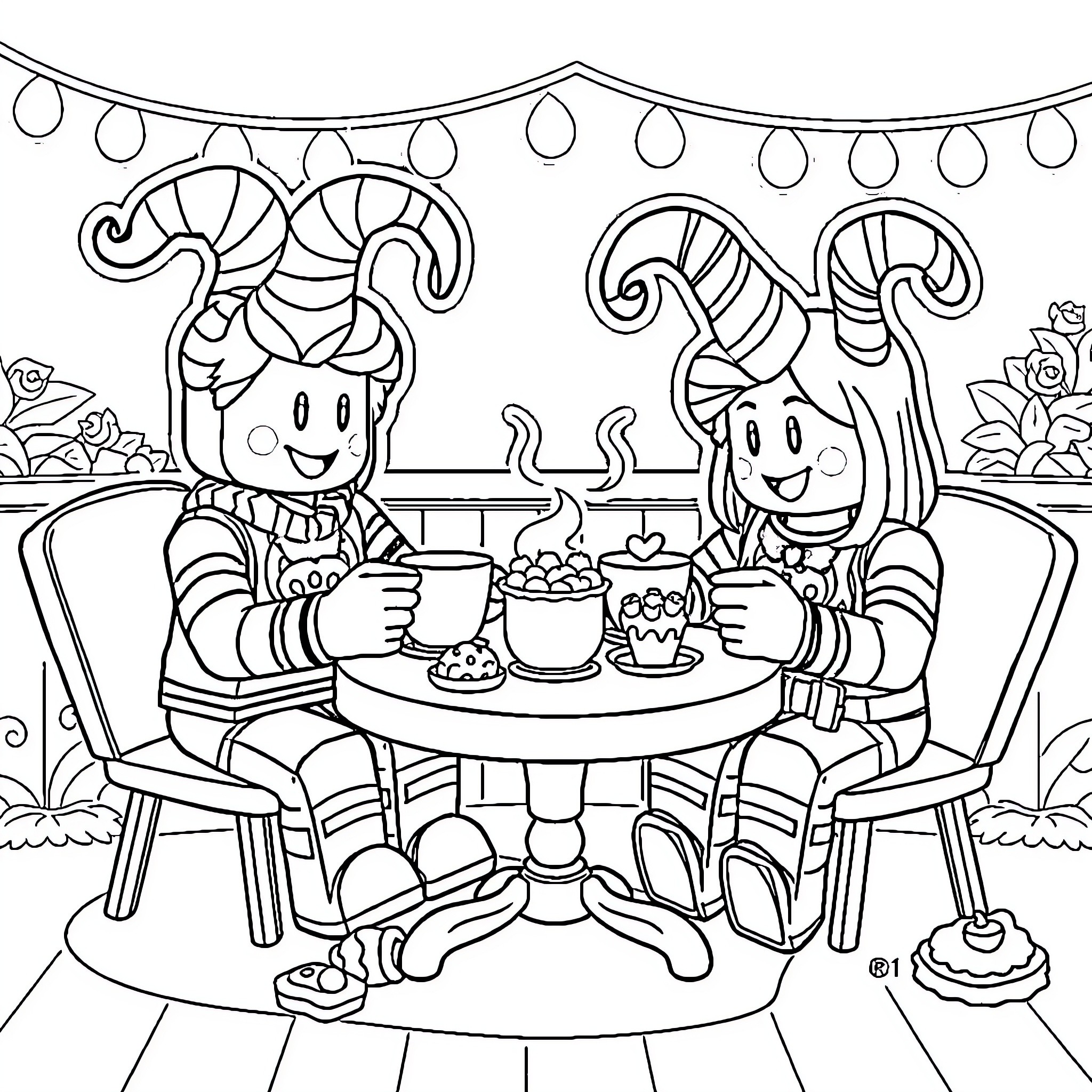 Roblox Twisted Characters Enjoying a Festive Gathering Coloring Page (free black-and-white line drawing printable PDF for all, from beginners to advanced learners, including children, teens, adults, and seniors)