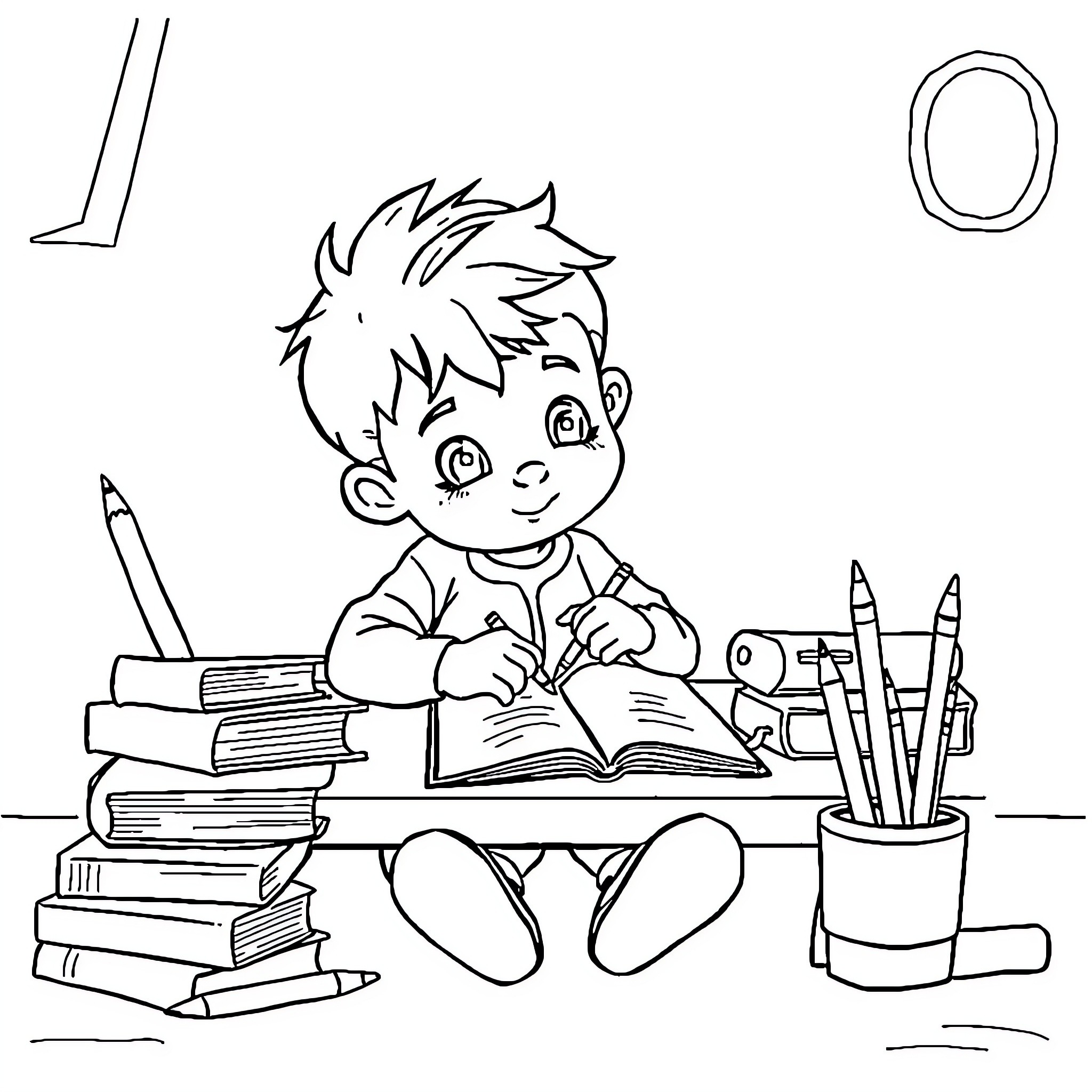 Tchoupi studying diligently at his desk Coloring Page (free black-and-white line drawing printable PDF for all, from beginners to advanced learners, including children, teens, adults, and seniors)