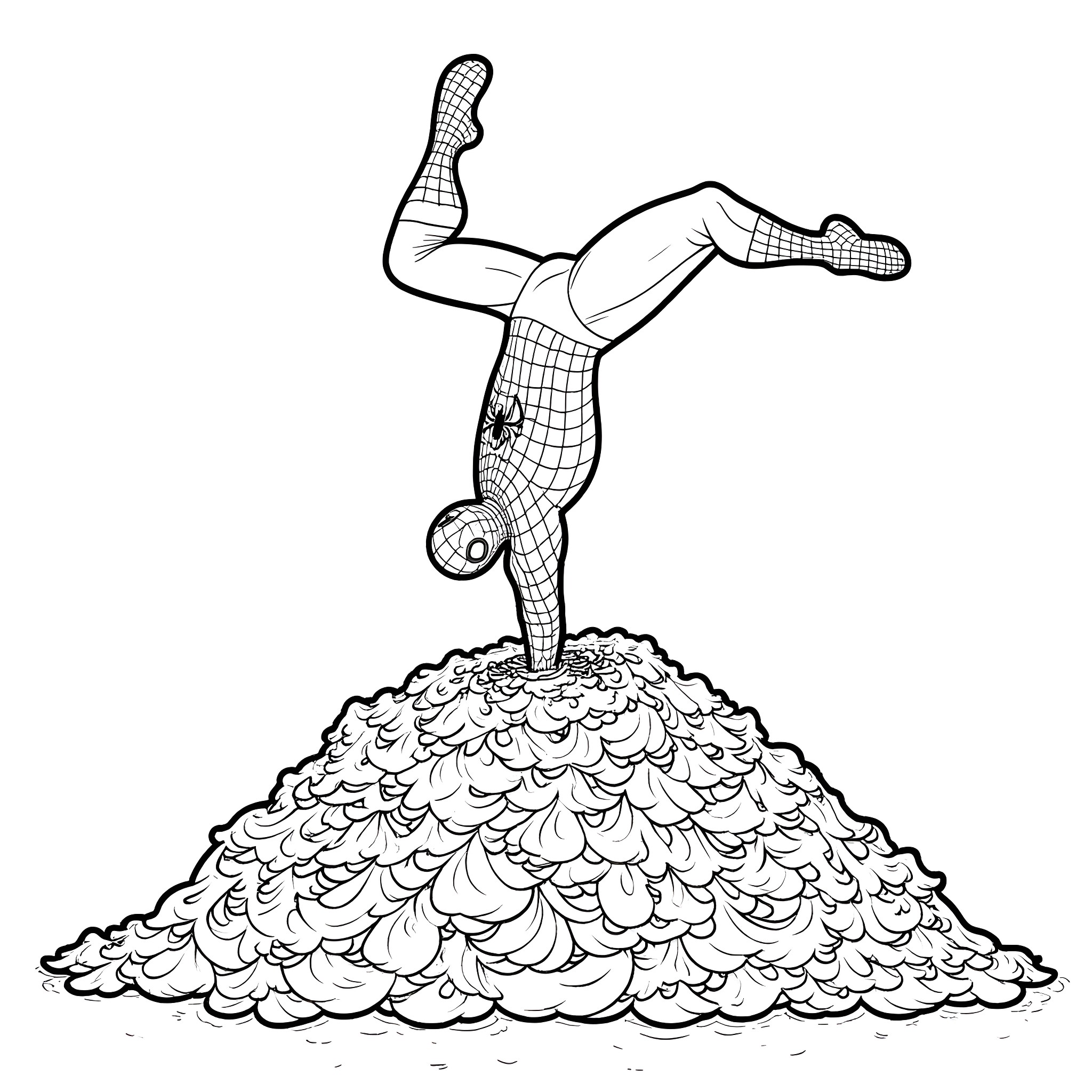 Spiderman jumping and flipping over a pile of leaves Coloring Page (free black-and-white line drawing printable PDF for all, from beginners to advanced learners, including children, teens, adults, and seniors)