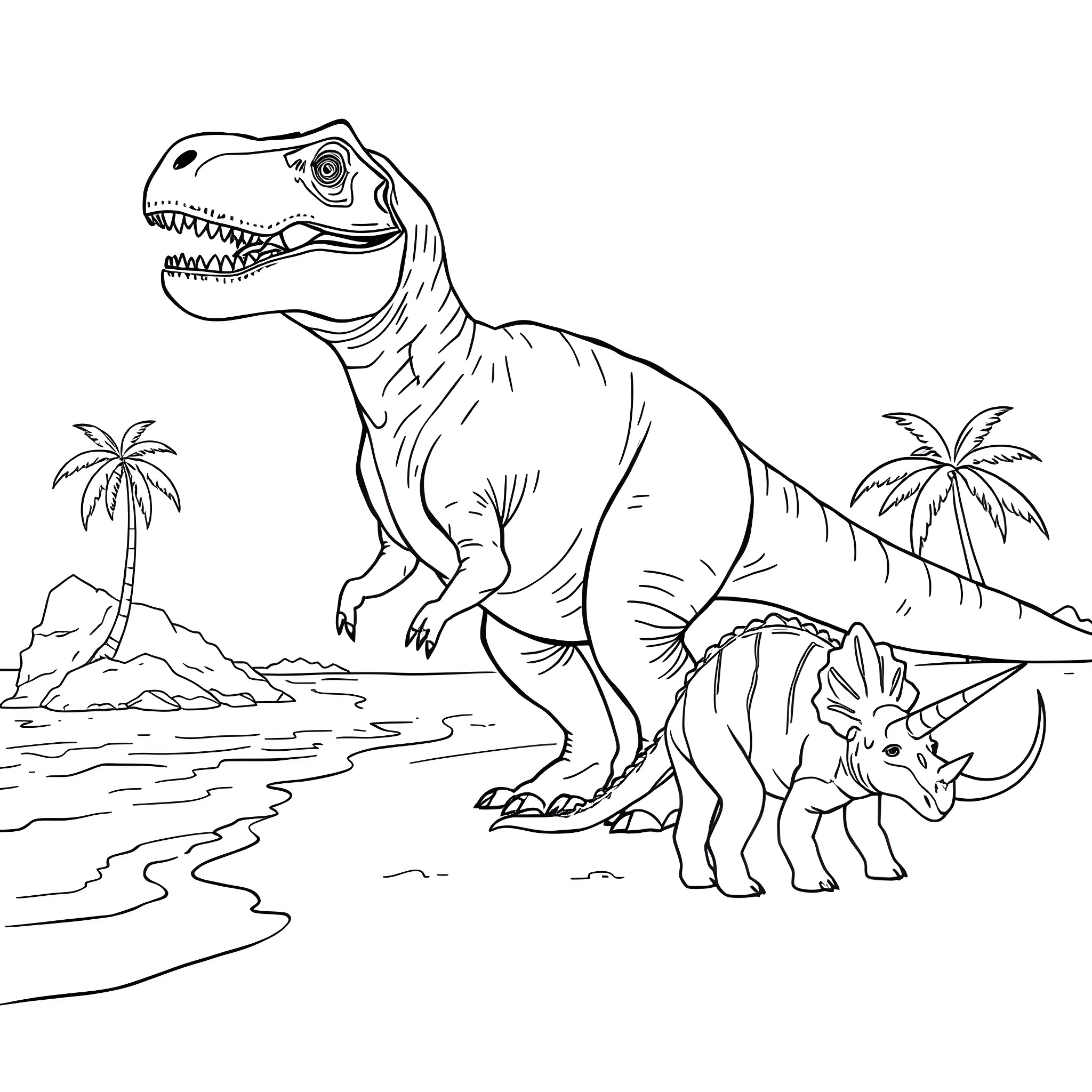 T-Rex roaming prehistoric landscape Coloring Page (free black-and-white line drawing printable PDF for all, from beginners to advanced learners, including children, teens, adults, and seniors)