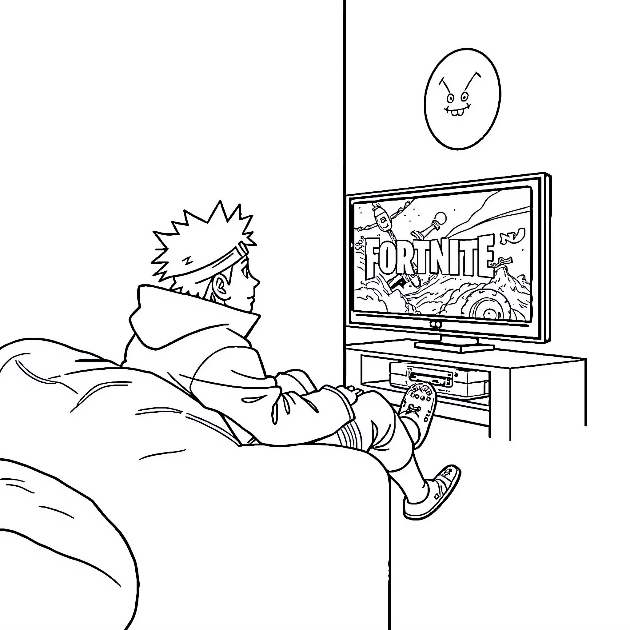 Naruto relaxing while playing Fortnite video game Coloring Page (free black-and-white line drawing printable PDF for all, from beginners to advanced learners, including children, teens, adults, and seniors)