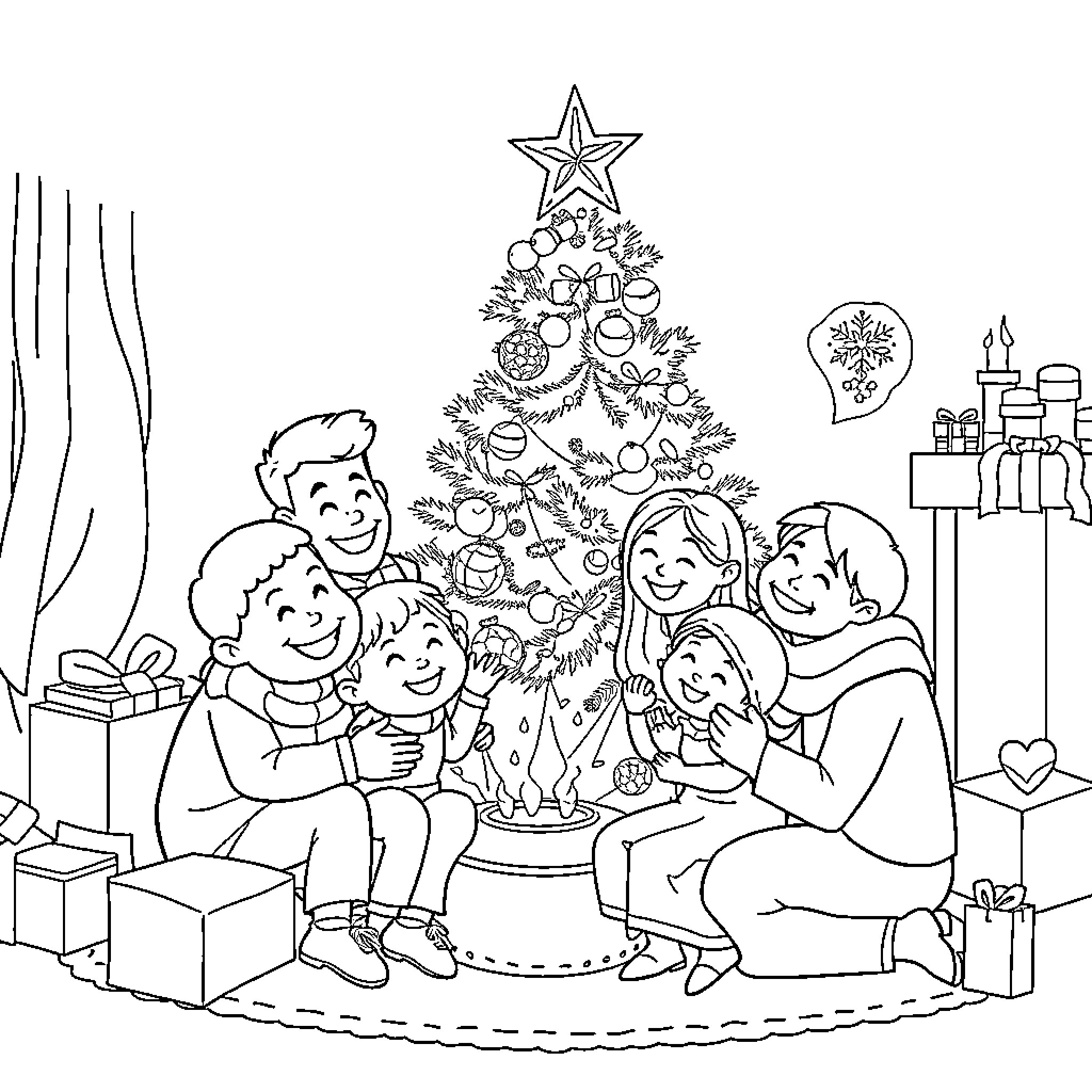 Family Gathered Around Decorated Christmas Tree Coloring Page (free black-and-white line drawing printable PDF for all, from beginners to advanced learners, including children, teens, adults, and seniors)