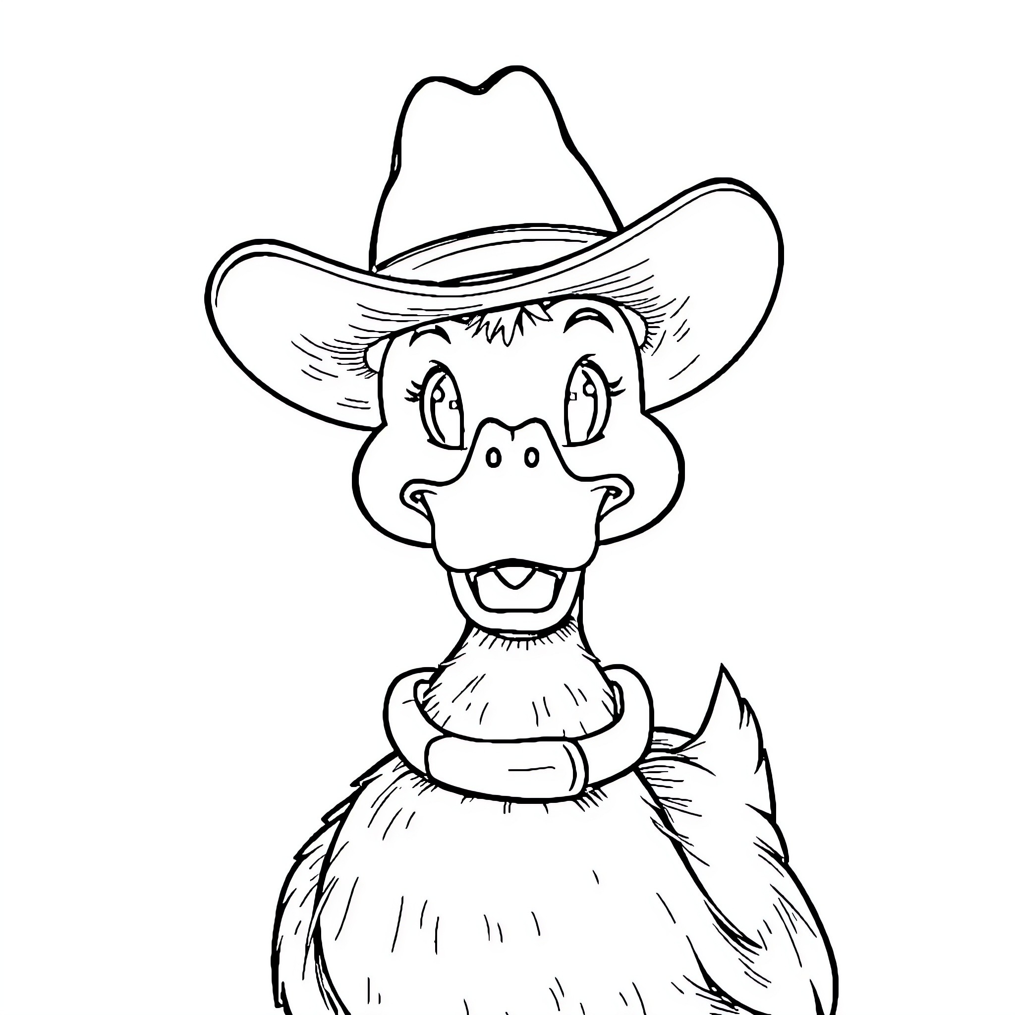 Duck wearing a cowboy hat with a cheerful expression Coloring Page (free black-and-white line drawing printable PDF for all, from beginners to advanced learners, including children, teens, adults, and seniors)
