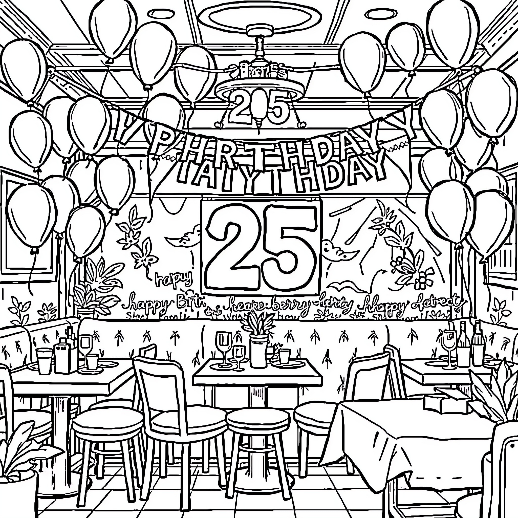 Birthday Celebration with Festive Decor and Banners Coloring Page (free black-and-white line drawing printable PDF for all, from beginners to advanced learners, including children, teens, adults, and seniors)