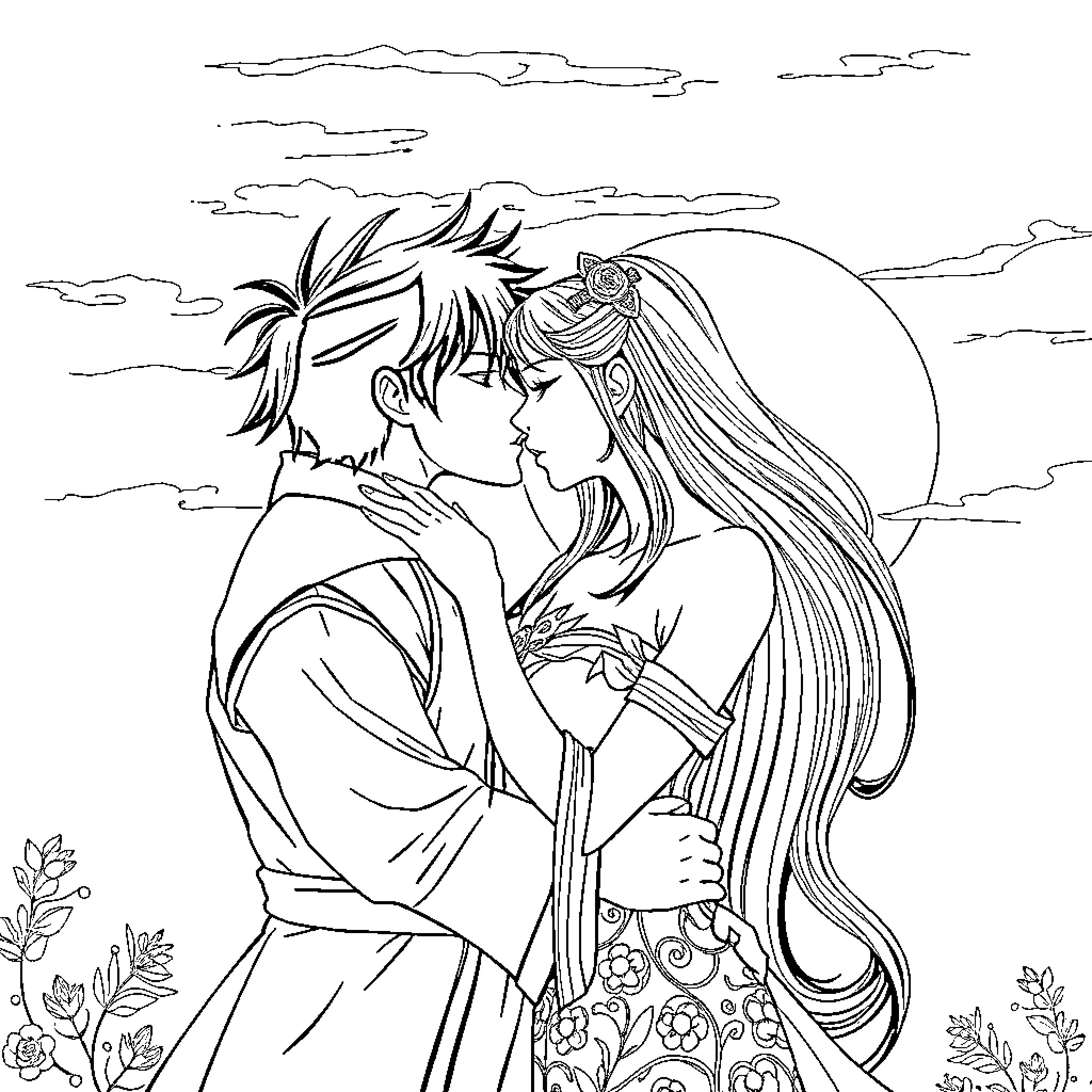 Guile in Romantic Embrace under the Moonlight Coloring Page (free black-and-white line drawing printable PDF for all, from beginners to advanced learners, including children, teens, adults, and seniors)