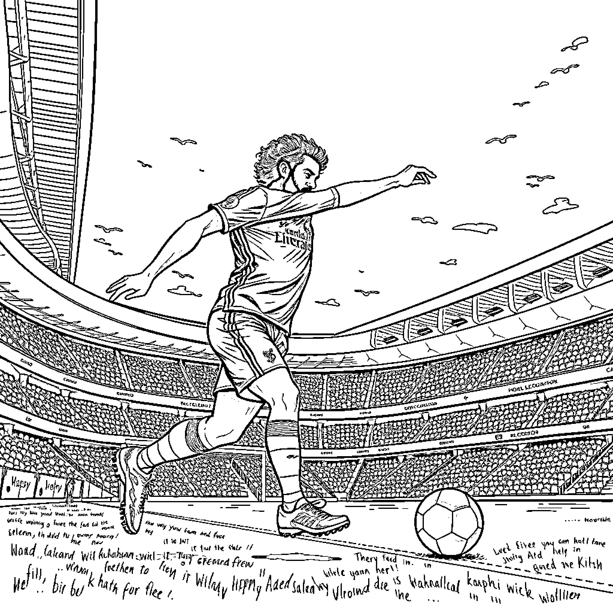 Mo Salah in action on the soccer field Coloring Page (free black-and-white line drawing printable PDF for all, from beginners to advanced learners, including children, teens, adults, and seniors)