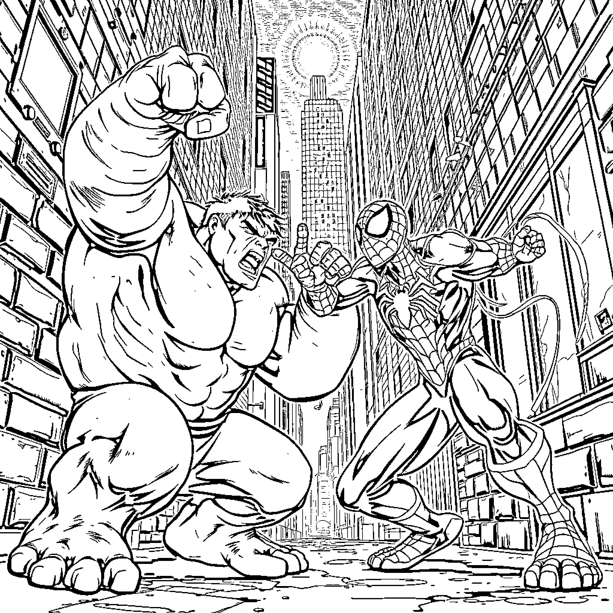 Hulk's Clash with Spider-Man in the City Streets Coloring Page (free black-and-white line drawing printable PDF for all, from beginners to advanced learners, including children, teens, adults, and seniors)