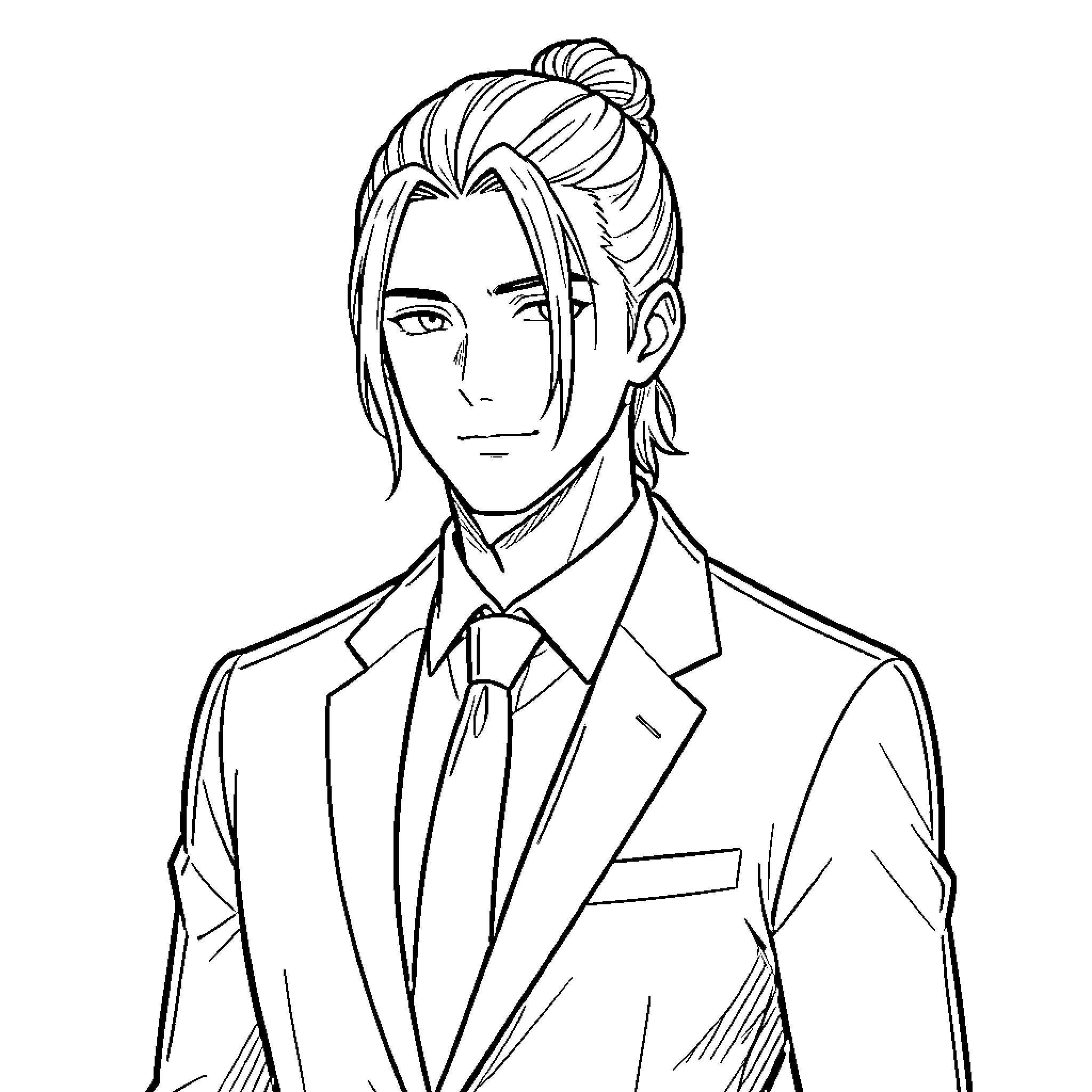 Anime Guy in Formal Business Attire Coloring Page (free black-and-white line drawing printable PDF for all, from beginners to advanced learners, including children, teens, adults, and seniors)