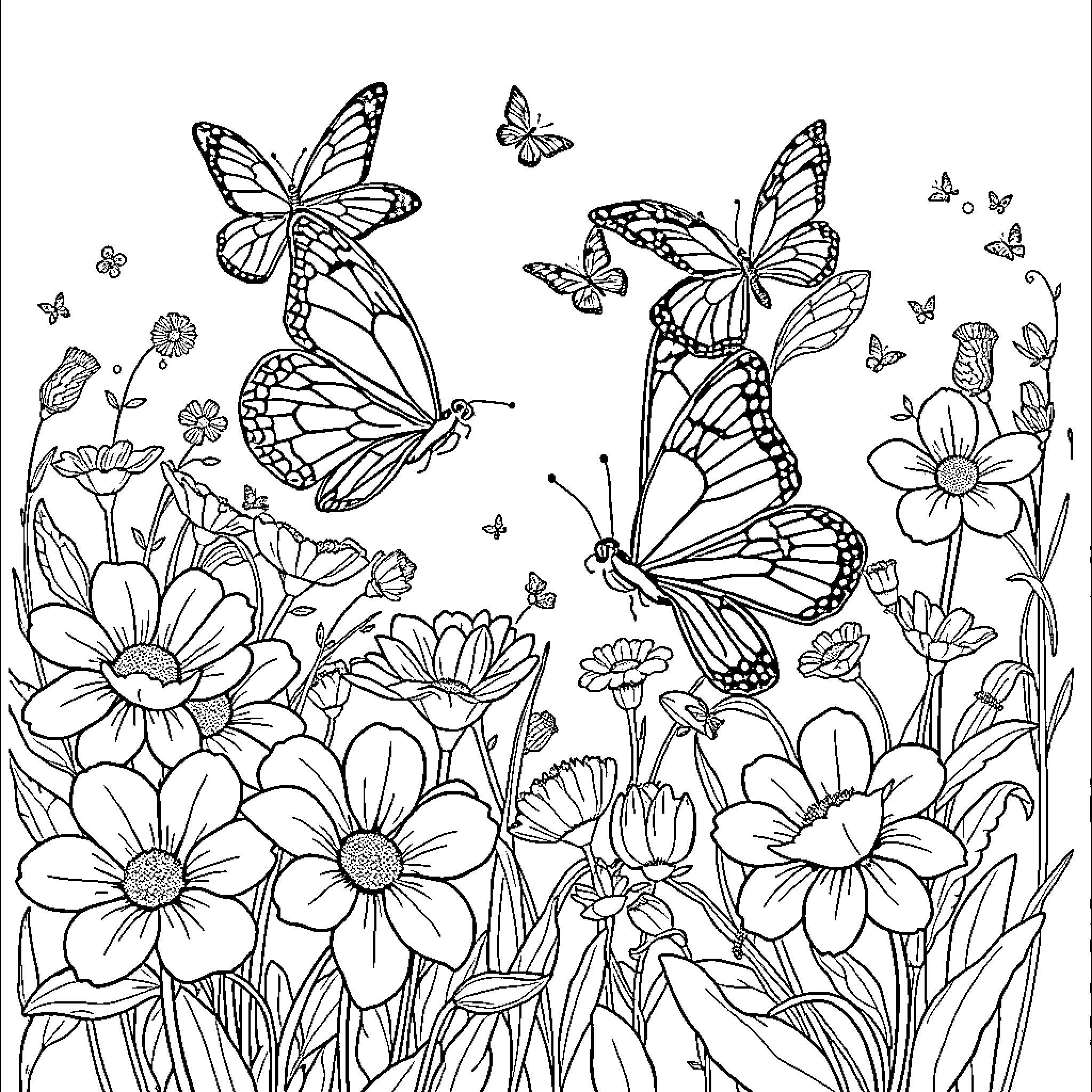 Butterflies soaring amidst vibrant flowers Coloring Page (free black-and-white line drawing printable PDF for all, from beginners to advanced learners, including children, teens, adults, and seniors)