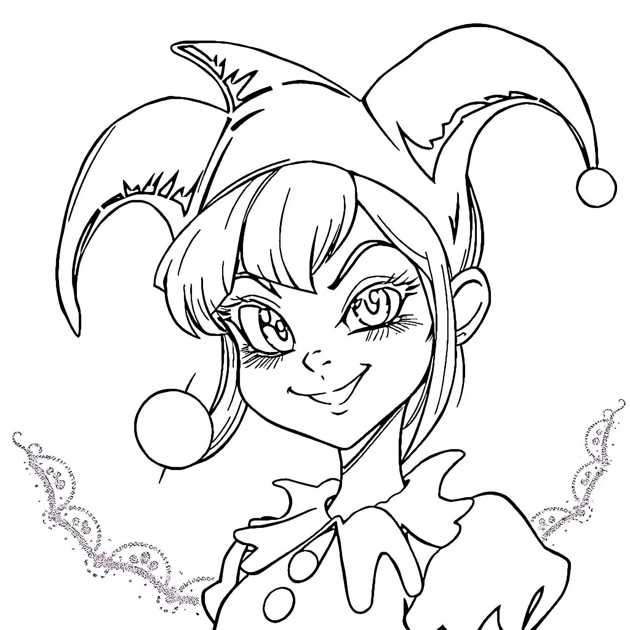 Kuromi in a playful jester outfit Coloring Page (free black-and-white line drawing printable PDF for all, from beginners to advanced learners, including children, teens, adults, and seniors)