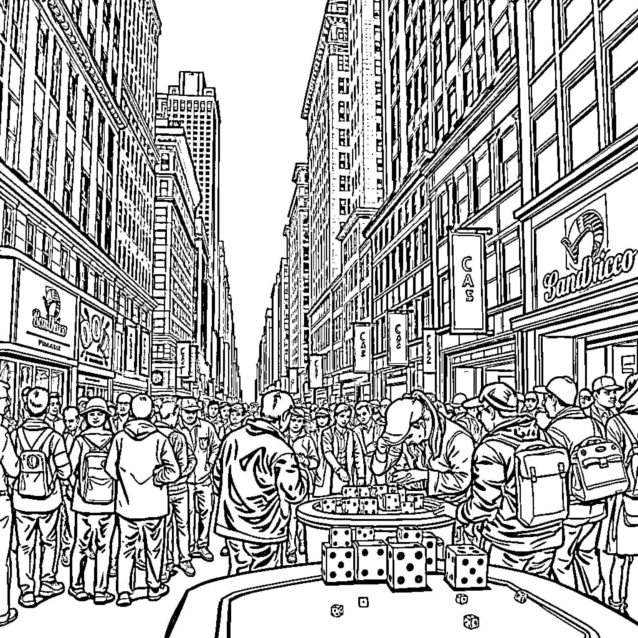 Dice roll in crowded city street Coloring Page (free black-and-white line drawing printable PDF for all, from beginners to advanced learners, including children, teens, adults, and seniors)