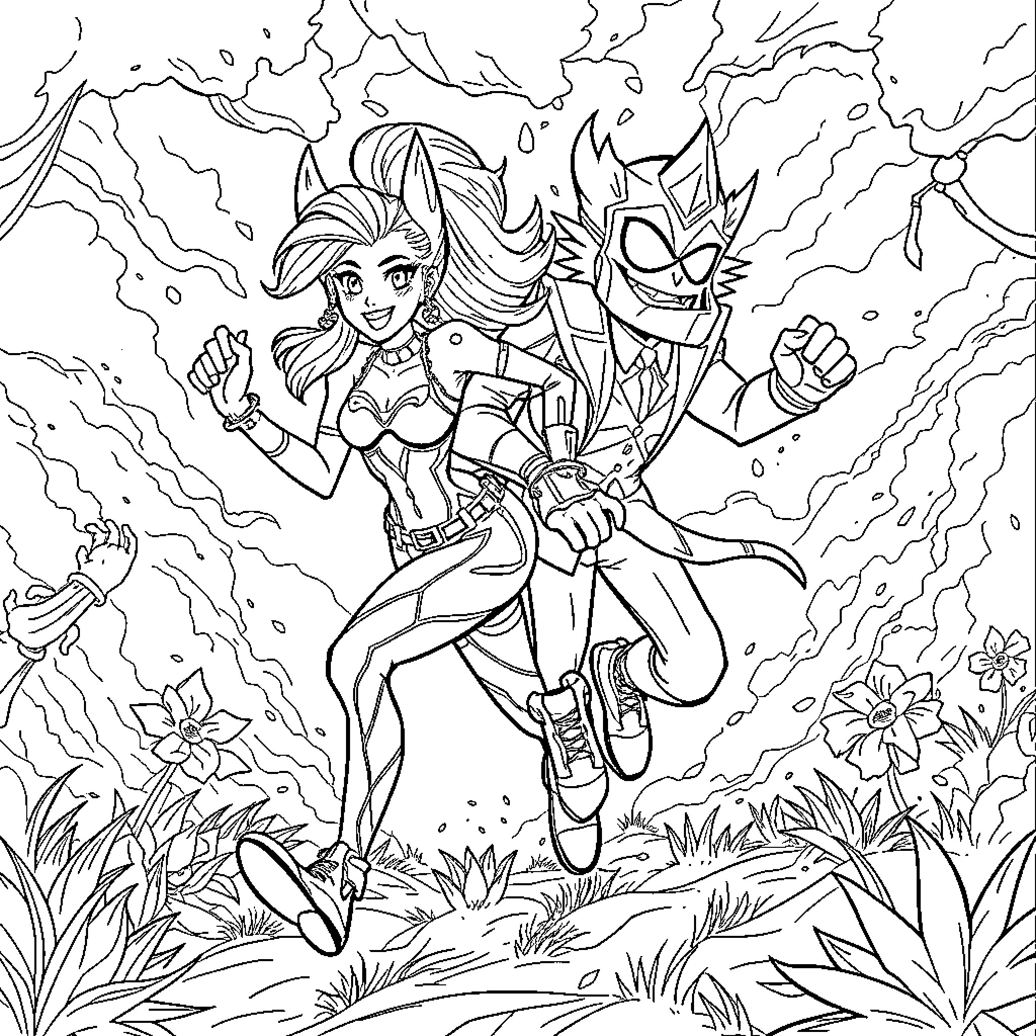 Jinx's Thrilling Encounter in the Enchanted Wilderness Coloring Page (free black-and-white line drawing printable PDF for all, from beginners to advanced learners, including children, teens, adults, and seniors)