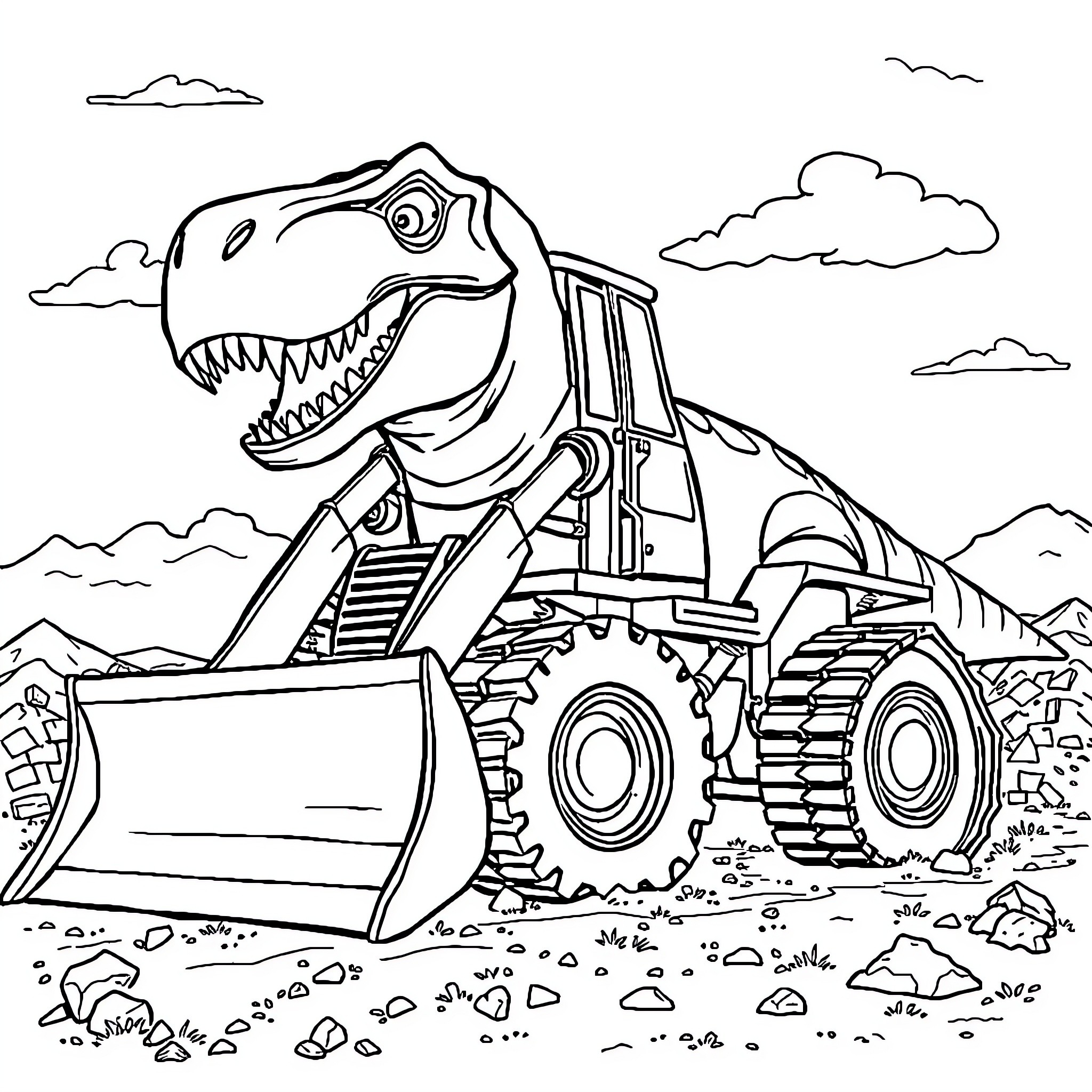 Bulldozer with Dinosaur-Inspired Design Clearing Path Coloring Page (free black-and-white line drawing printable PDF for all, from beginners to advanced learners, including children, teens, adults, and seniors)