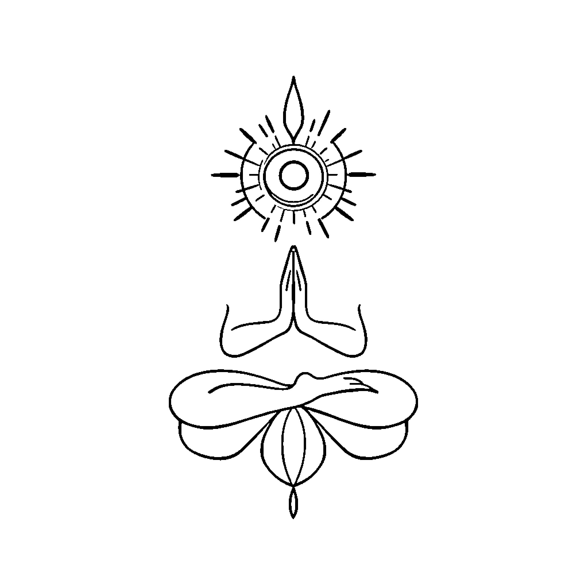 Spiritual Art of Meditating Figure and Sun Symbol Coloring Page (free black-and-white line drawing printable PDF for all, from beginners to advanced learners, including children, teens, adults, and seniors)