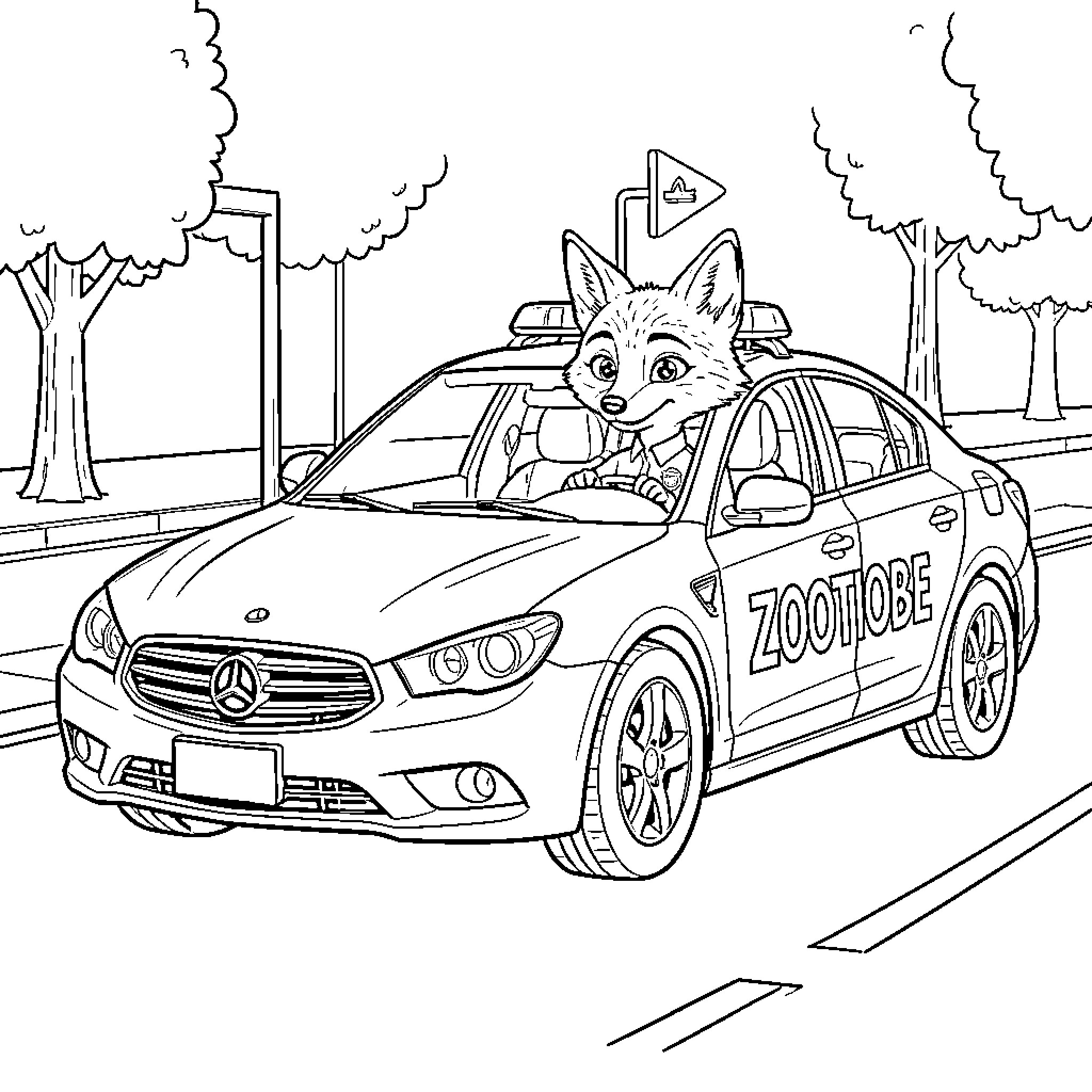 Fox in a Zootopia Police Car on City Streets Coloring Page (free black-and-white line drawing printable PDF for all, from beginners to advanced learners, including children, teens, adults, and seniors)