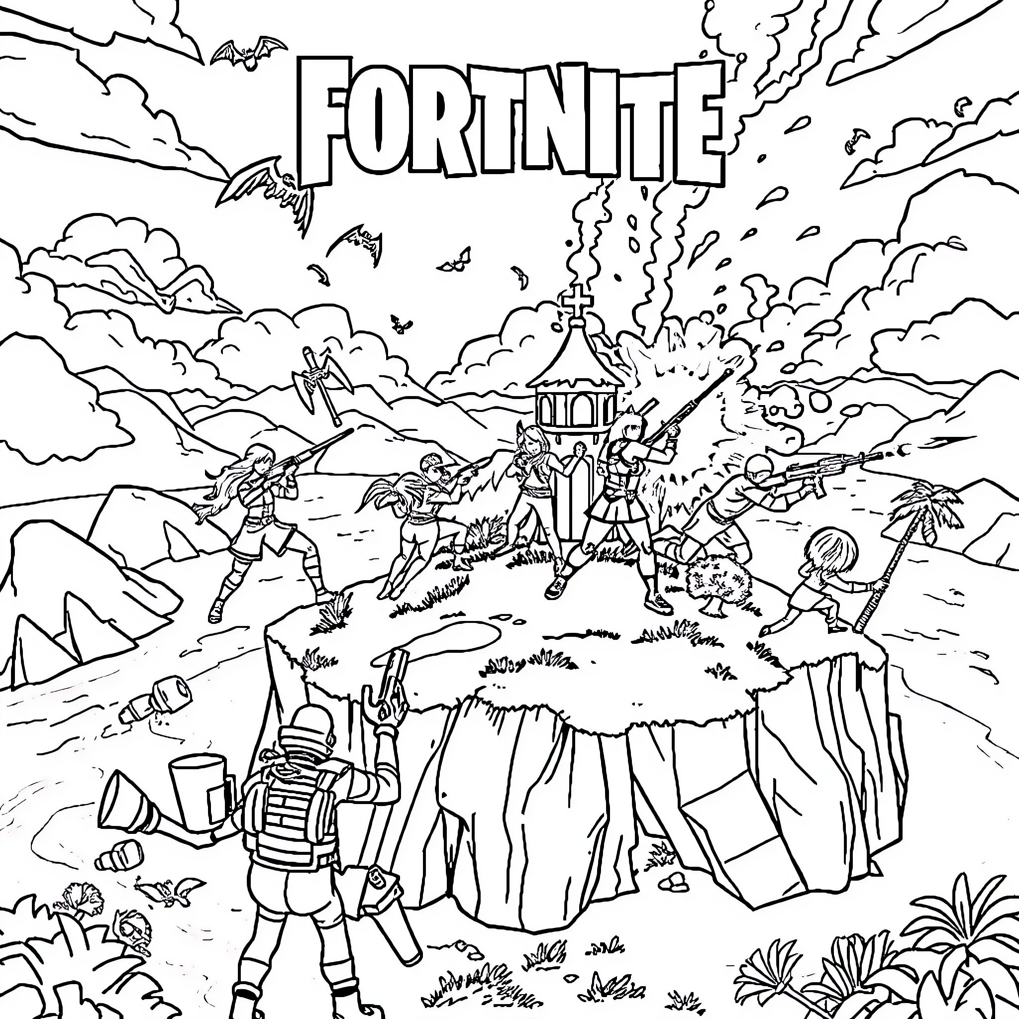 Fortnite Characters in Action-Packed Landscape Coloring Page (free black-and-white line drawing printable PDF for all, from beginners to advanced learners, including children, teens, adults, and seniors)