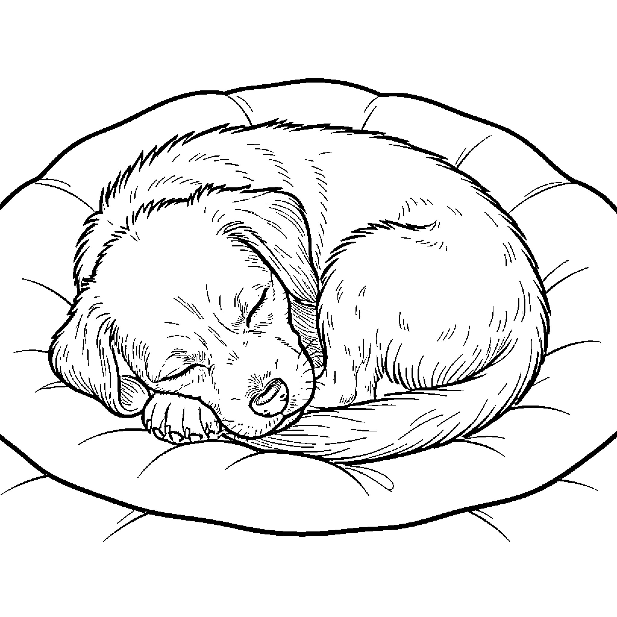 Dog sleeping peacefully in cozy bed Coloring Page (free black-and-white line drawing printable PDF for all, from beginners to advanced learners, including children, teens, adults, and seniors)