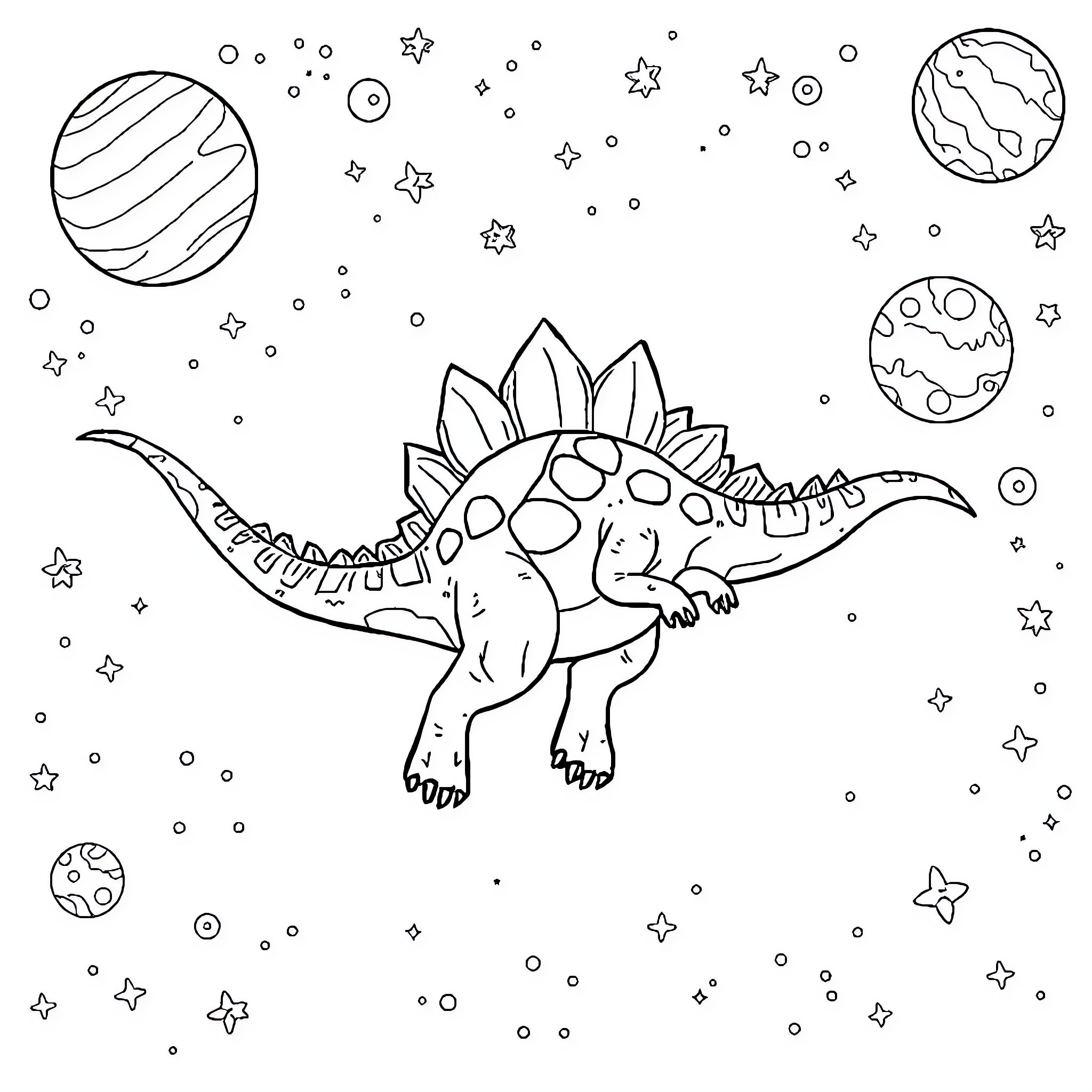 Dinosaur exploring the cosmic universe Coloring Page (free black-and-white line drawing printable PDF for all, from beginners to advanced learners, including children, teens, adults, and seniors)