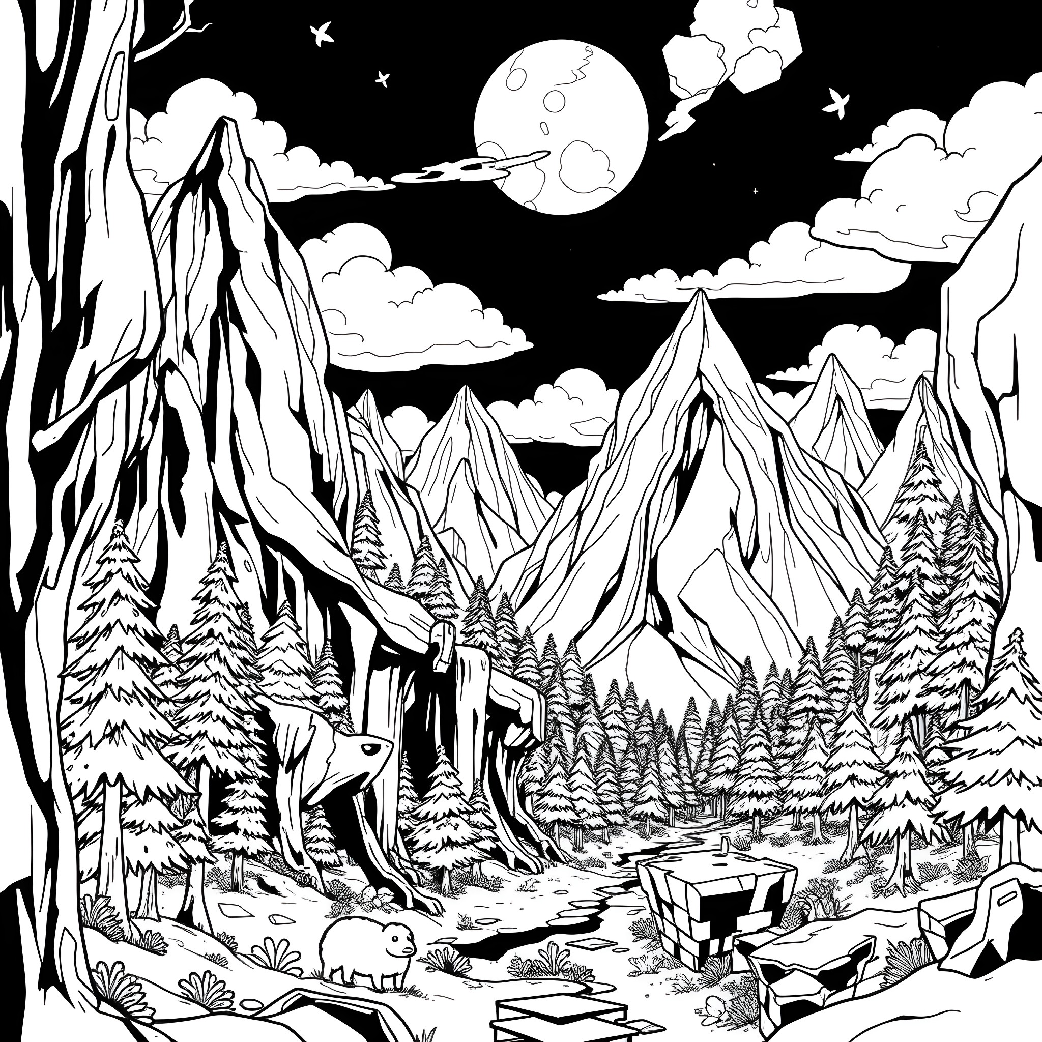 Mine Craft Nighttime Mountain Landscape with Deer Coloring Page (free black-and-white line drawing printable PDF for all, from beginners to advanced learners, including children, teens, adults, and seniors)