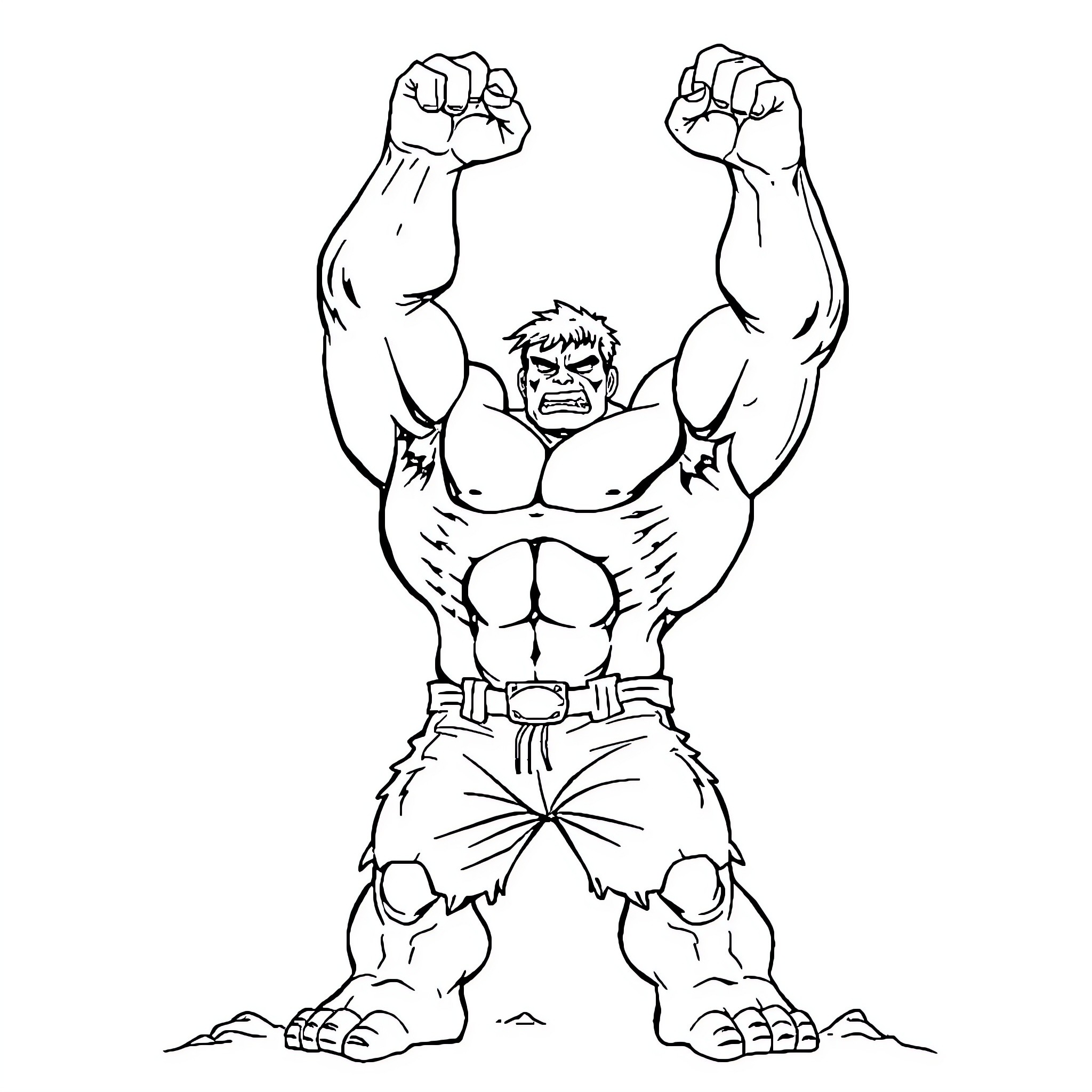 Hulk Flexing Muscles with Rage and Intensity Coloring Page (free black-and-white line drawing printable PDF for all, from beginners to advanced learners, including children, teens, adults, and seniors)