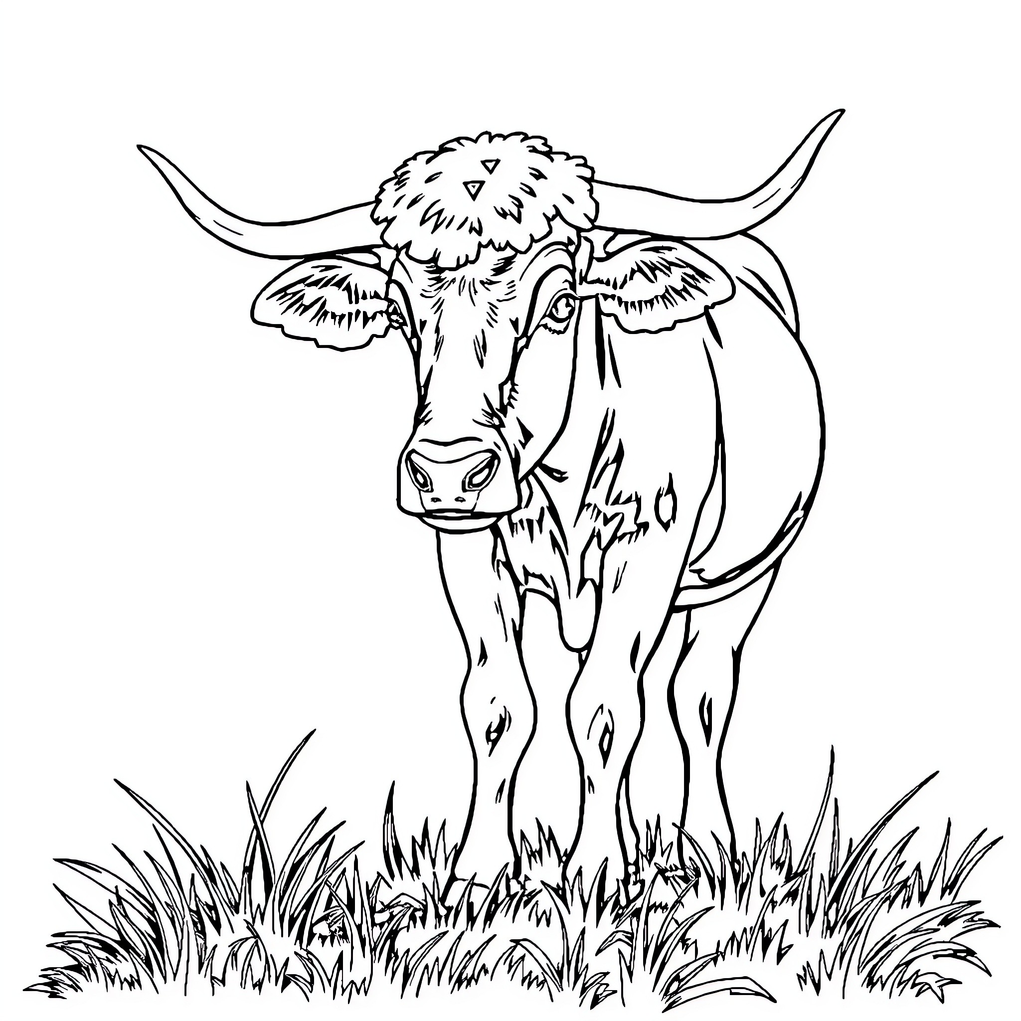 Cow standing in tall grass Coloring Page (free black-and-white line drawing printable PDF for all, from beginners to advanced learners, including children, teens, adults, and seniors)