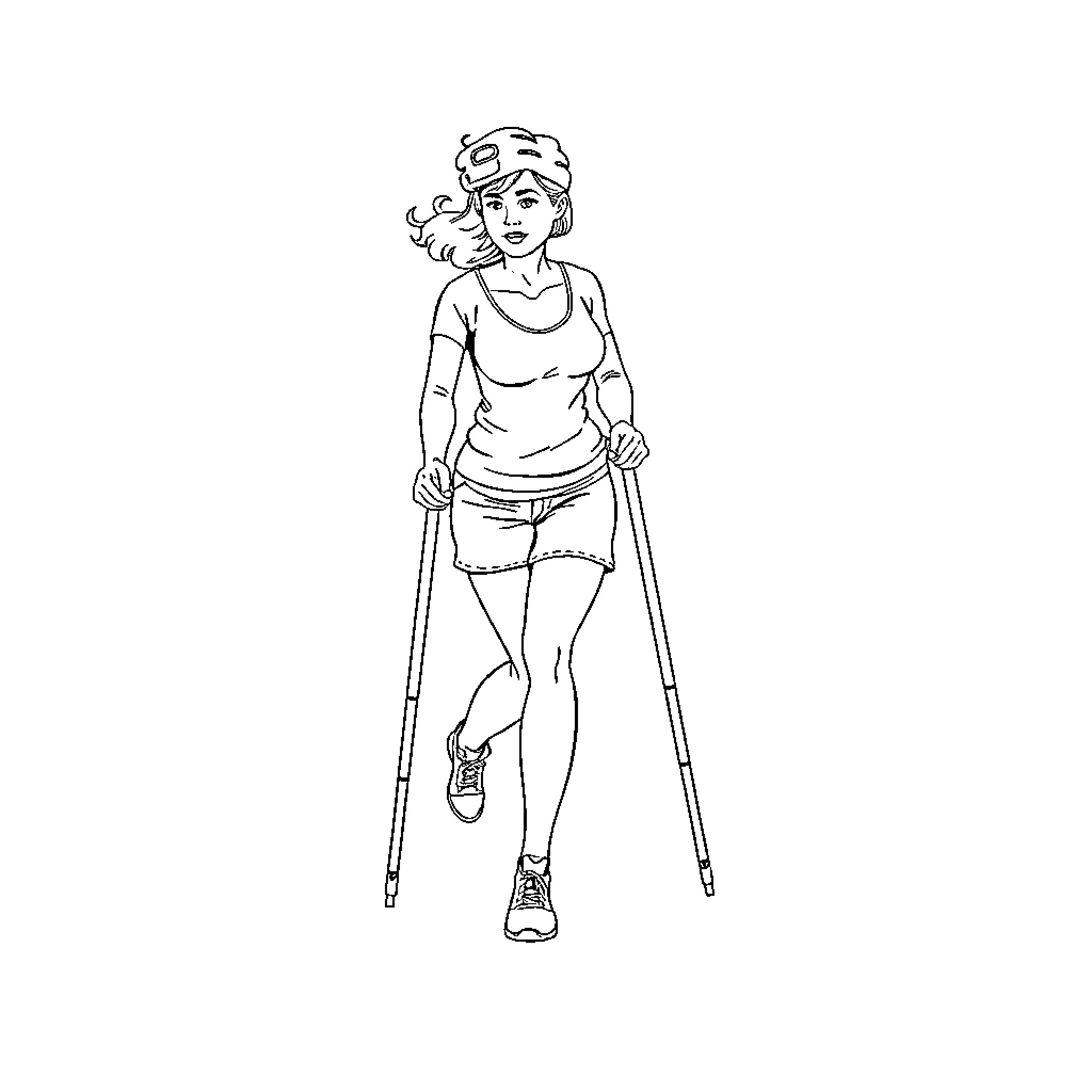 Woman walking with crutches Coloring Page (free black-and-white line drawing printable PDF for all, from beginners to advanced learners, including children, teens, adults, and seniors)