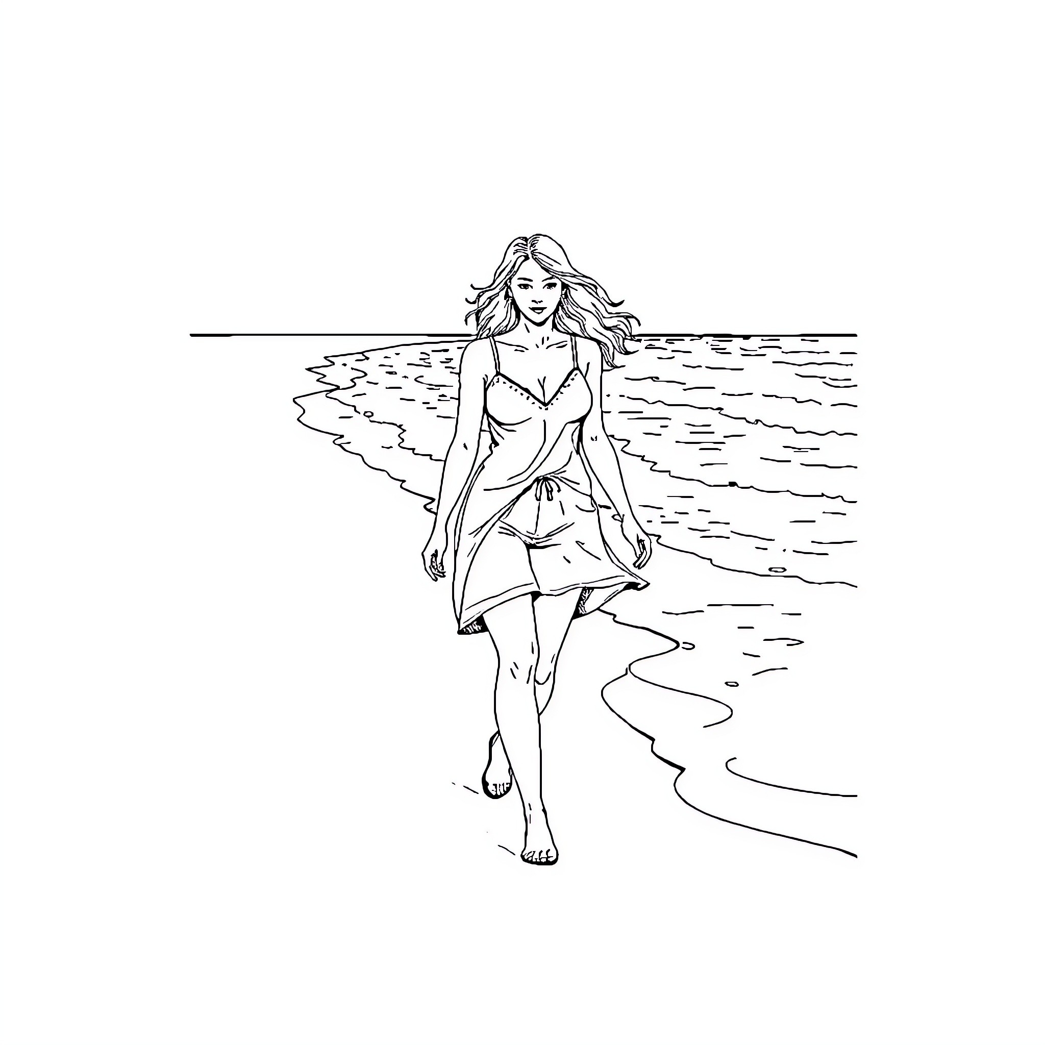 Woman walking along the beach in swimwear Coloring Page (free black-and-white line drawing printable PDF for all, from beginners to advanced learners, including children, teens, adults, and seniors)
