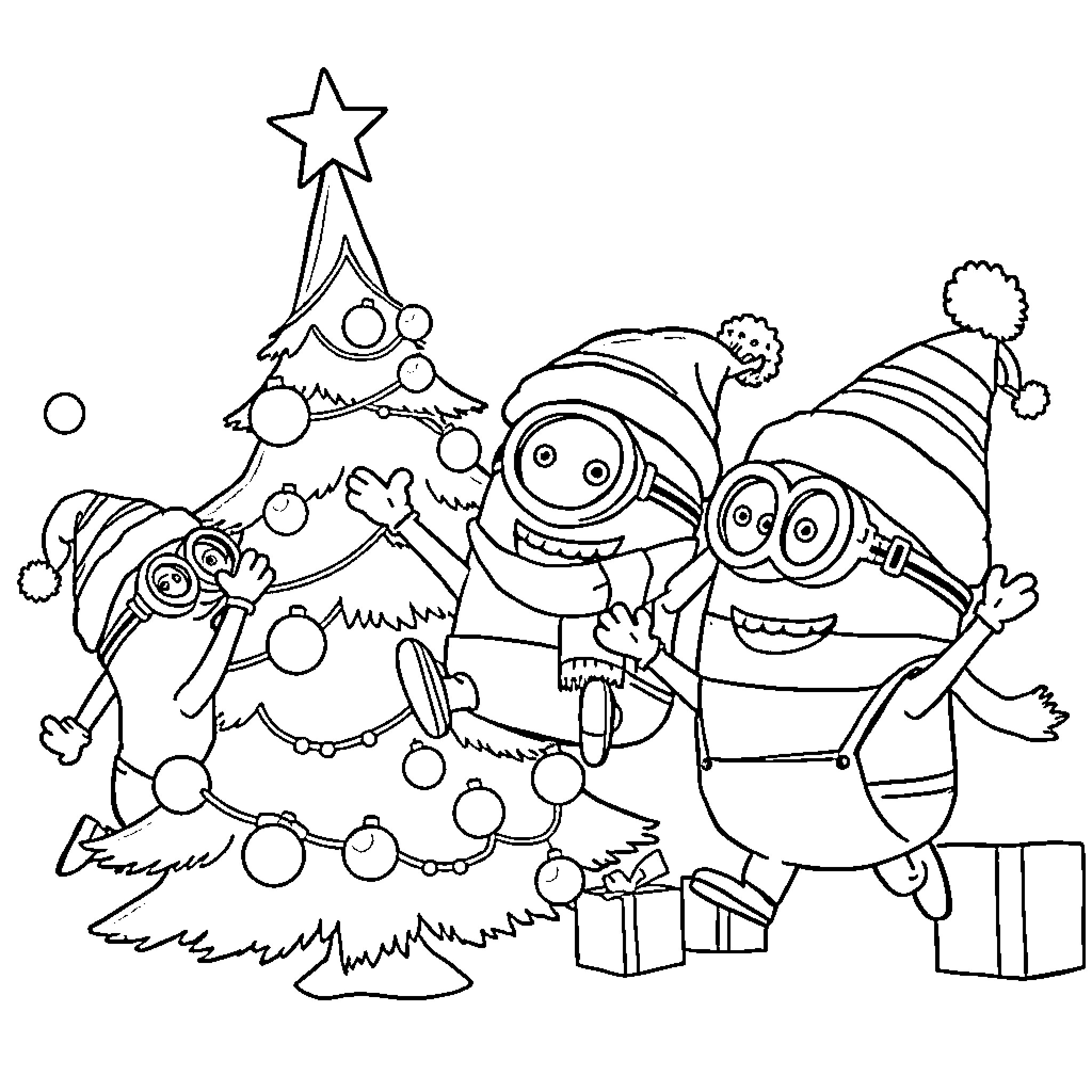 Minions decorating Christmas tree with ornaments Coloring Page (free black-and-white line drawing printable PDF for all, from beginners to advanced learners, including children, teens, adults, and seniors)