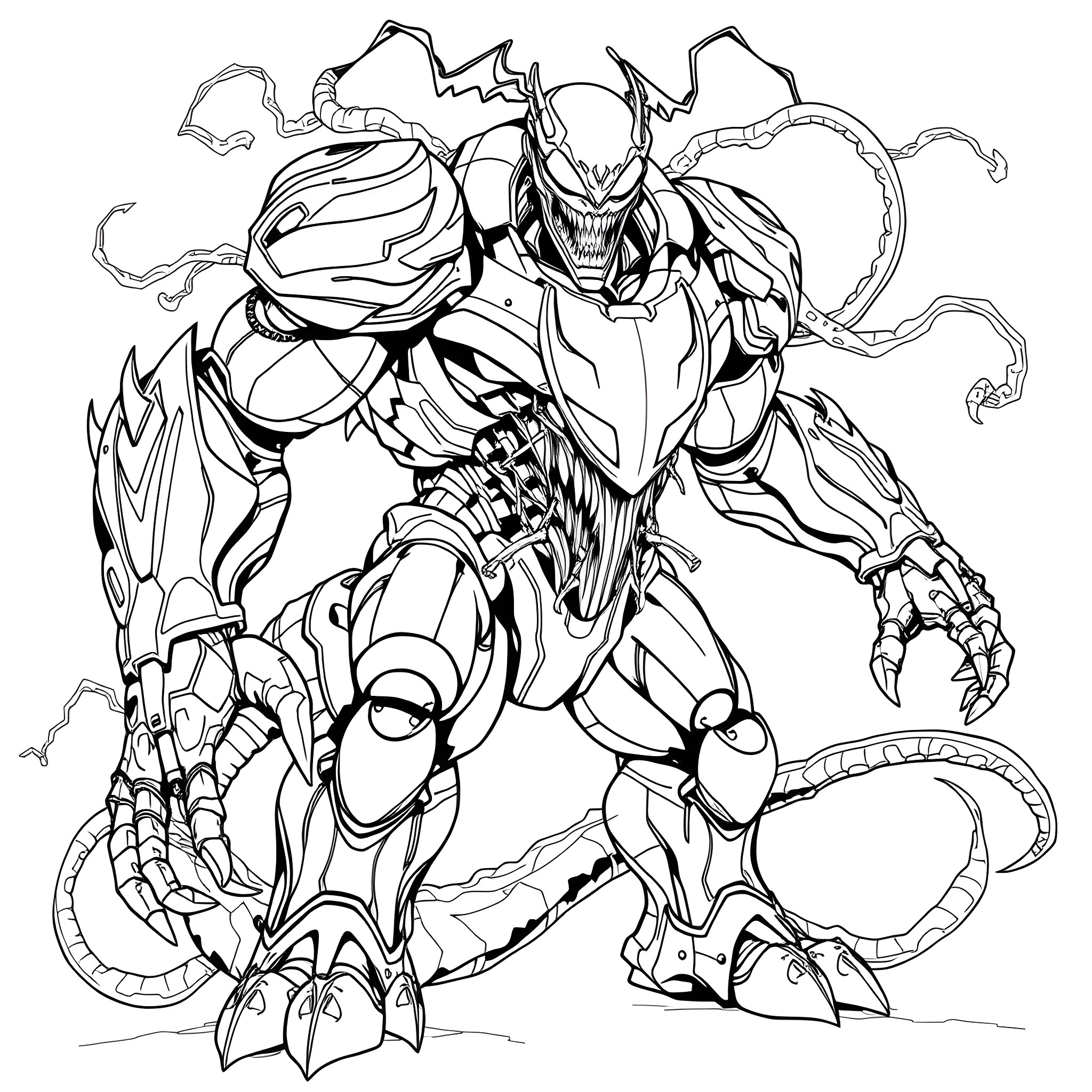 Iron Venom - Fearsome Symbiotic Warrior Coloring Page (free black-and-white line drawing printable PDF for all, from beginners to advanced learners, including children, teens, adults, and seniors)