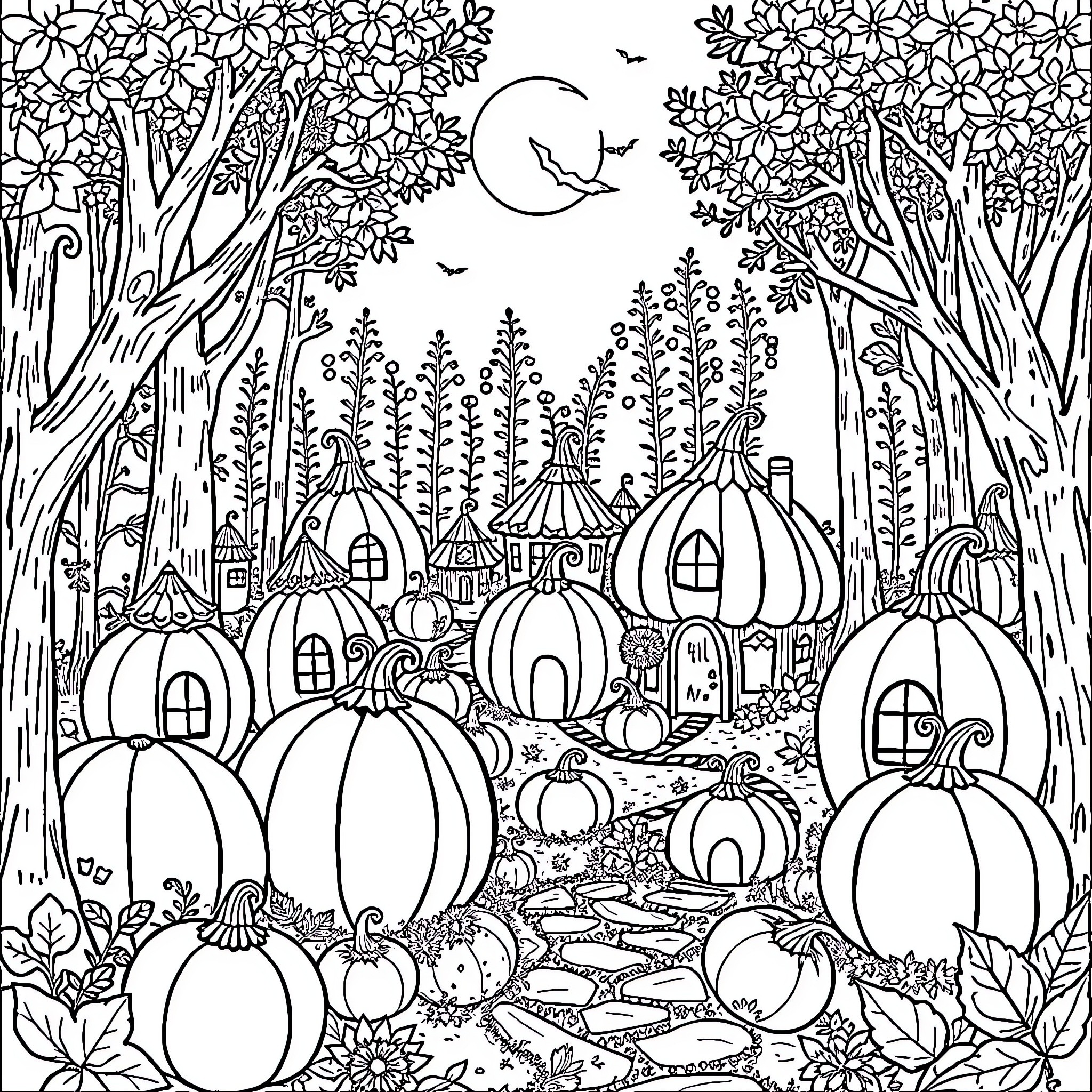 Pumpkin Patch Enchantment Coloring Page (free black-and-white line drawing printable PDF for all, from beginners to advanced learners, including children, teens, adults, and seniors)