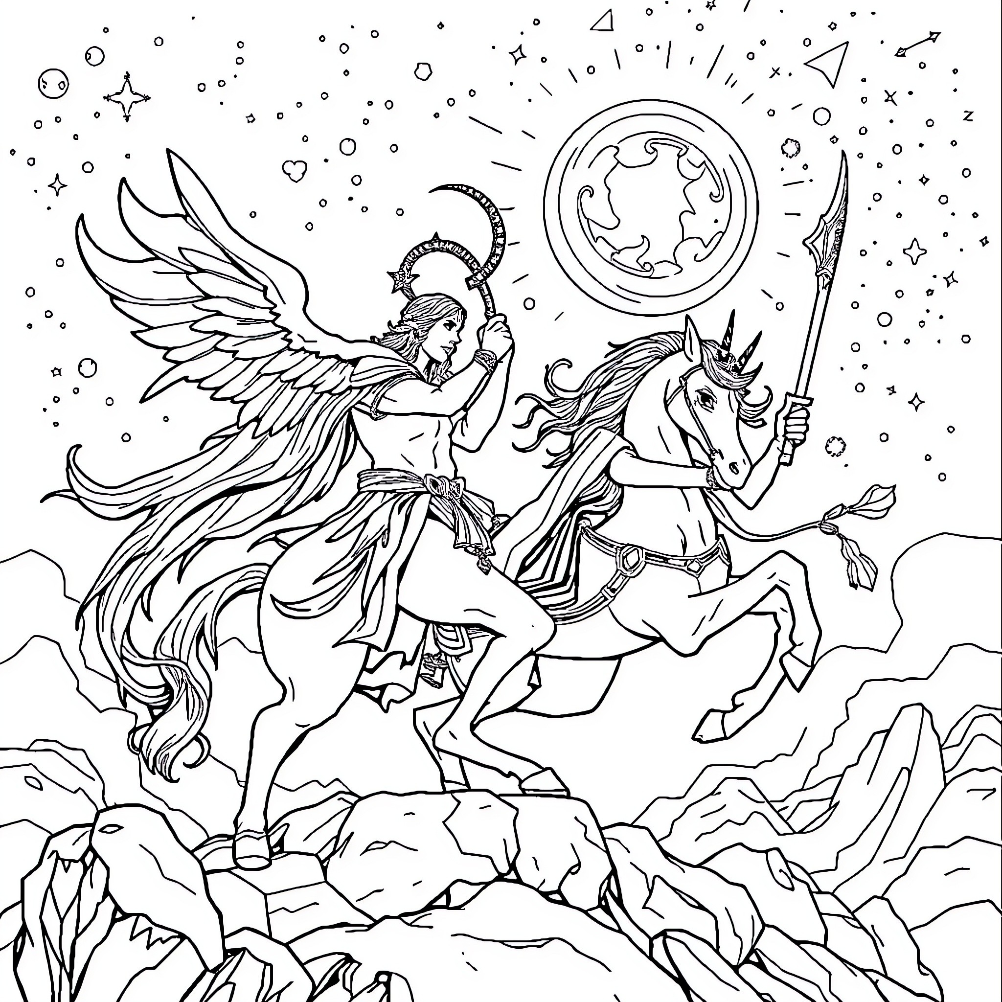 Gemini: Celestial Dancer and Unicorn Steed Coloring Page (free black-and-white line drawing printable PDF for all, from beginners to advanced learners, including children, teens, adults, and seniors)