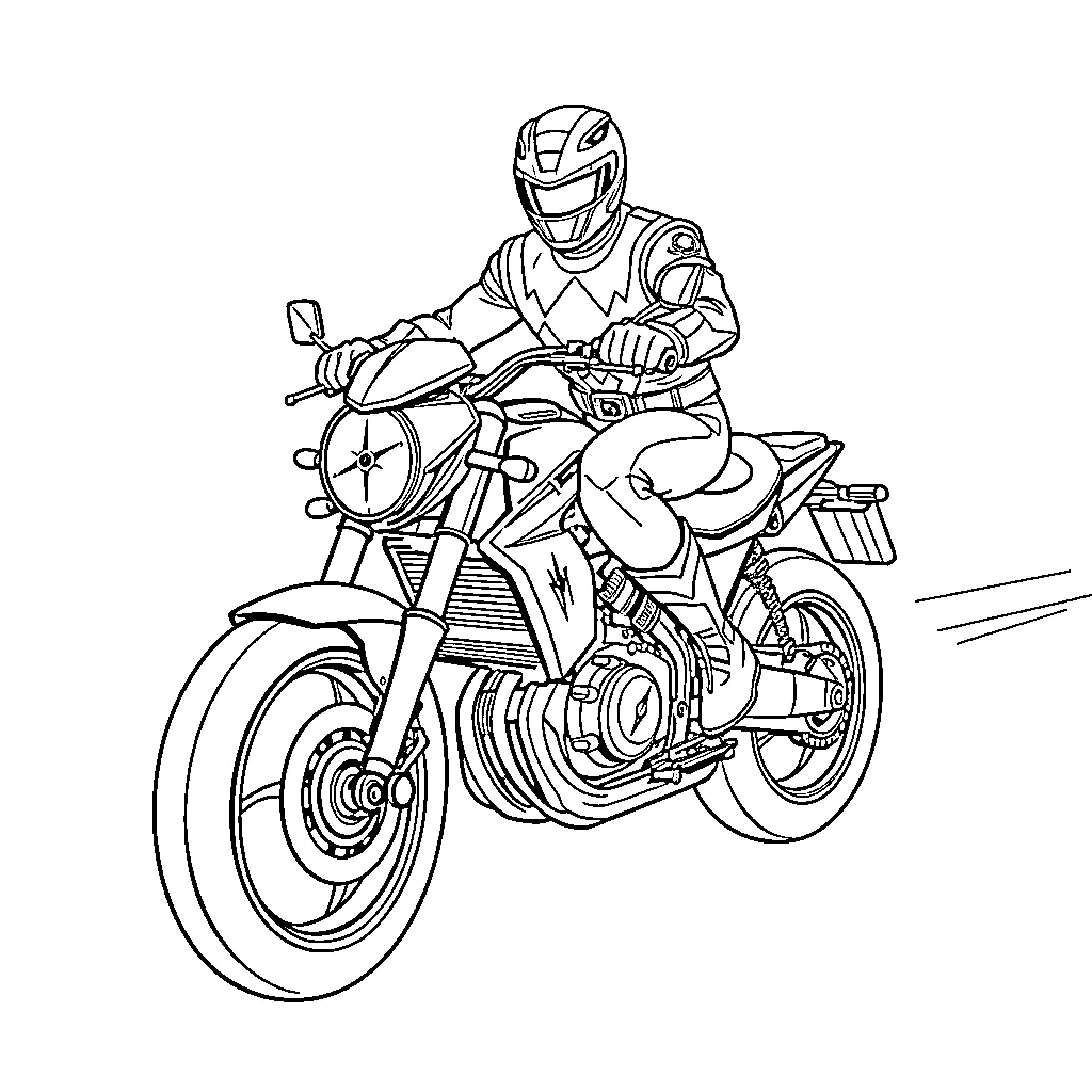 Power Ranger riding a motorcycle with determination Coloring Page (free black-and-white line drawing printable PDF for all, from beginners to advanced learners, including children, teens, adults, and seniors)