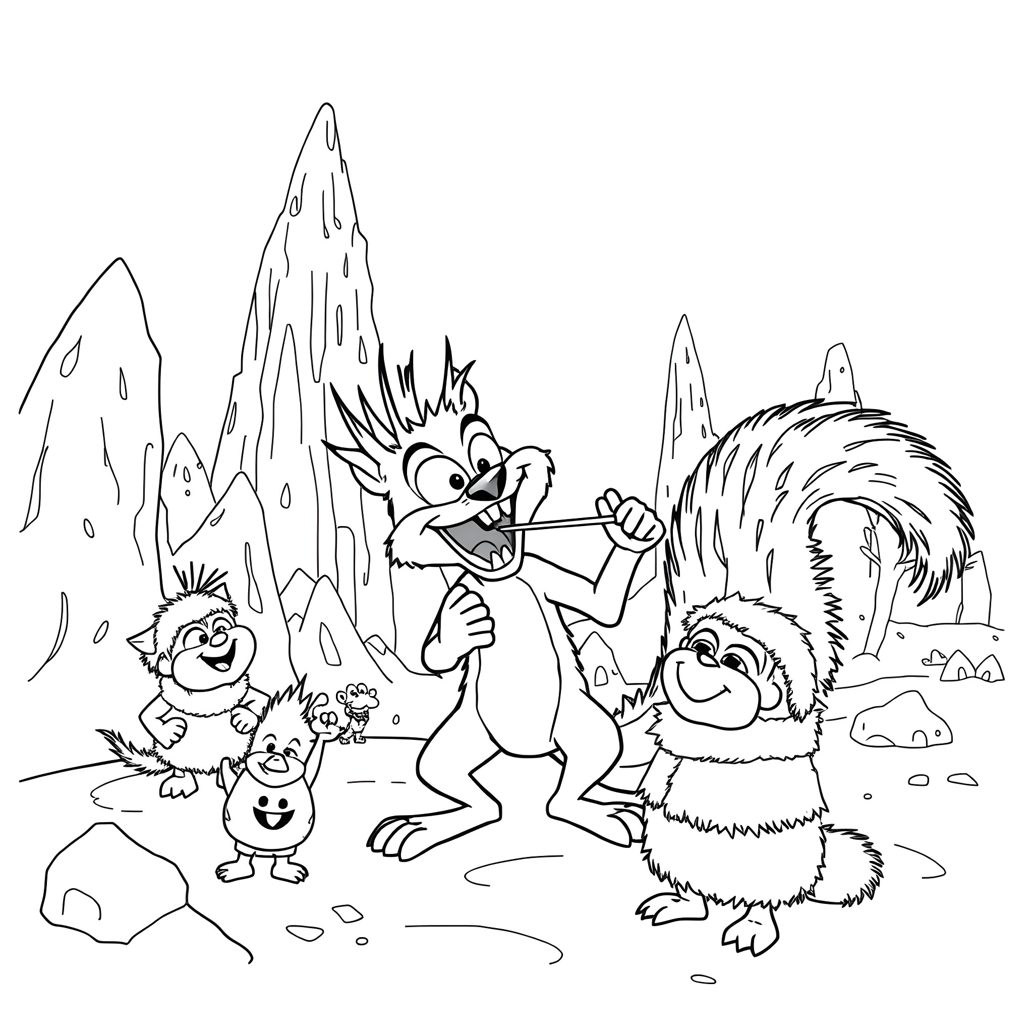 Scrat searching for acorns in the icy mountain Coloring Page (free black-and-white line drawing printable PDF for all, from beginners to advanced learners, including children, teens, adults, and seniors)