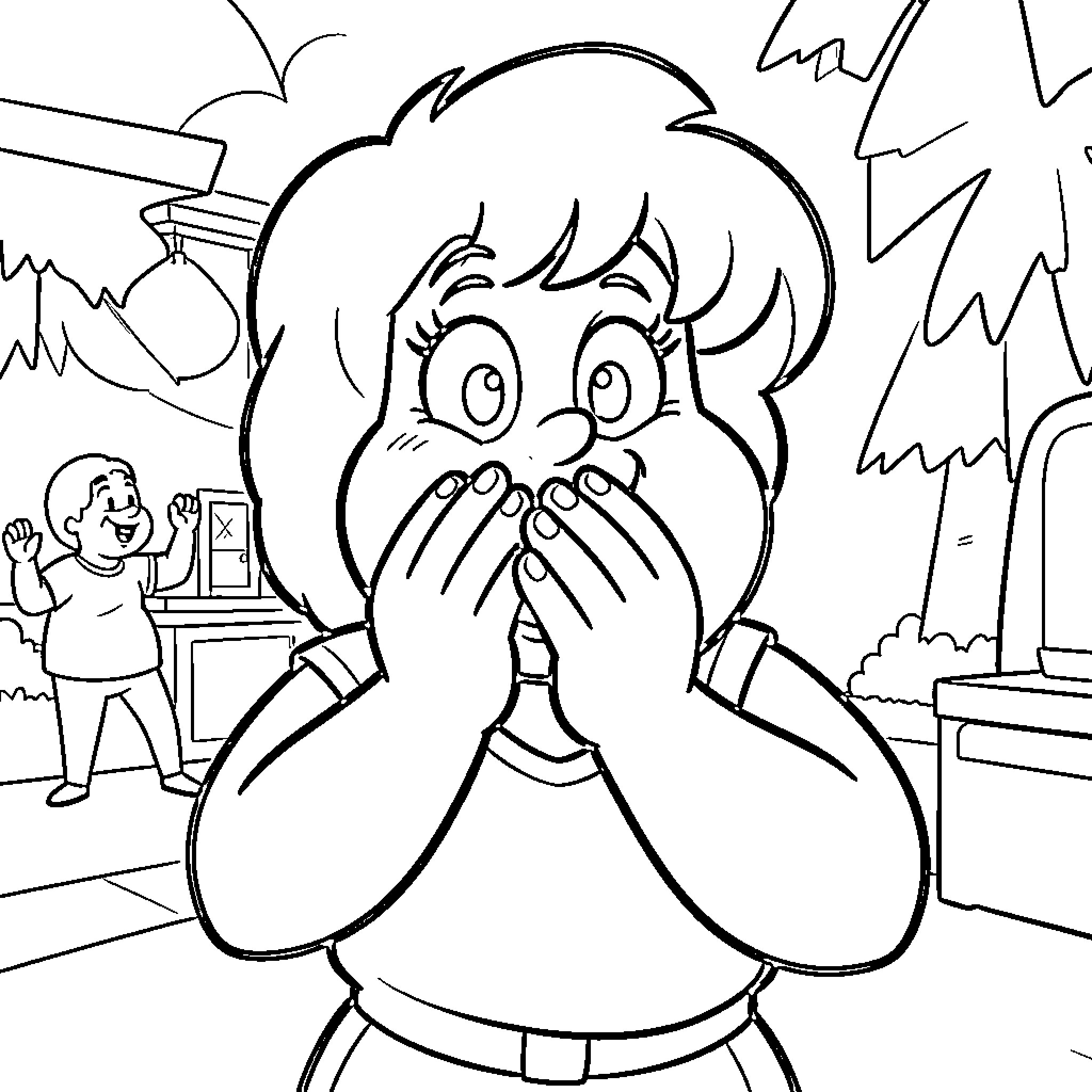 Wilma Flintstone expresses surprise in cartoon scene Coloring Page (free black-and-white line drawing printable PDF for all, from beginners to advanced learners, including children, teens, adults, and seniors)