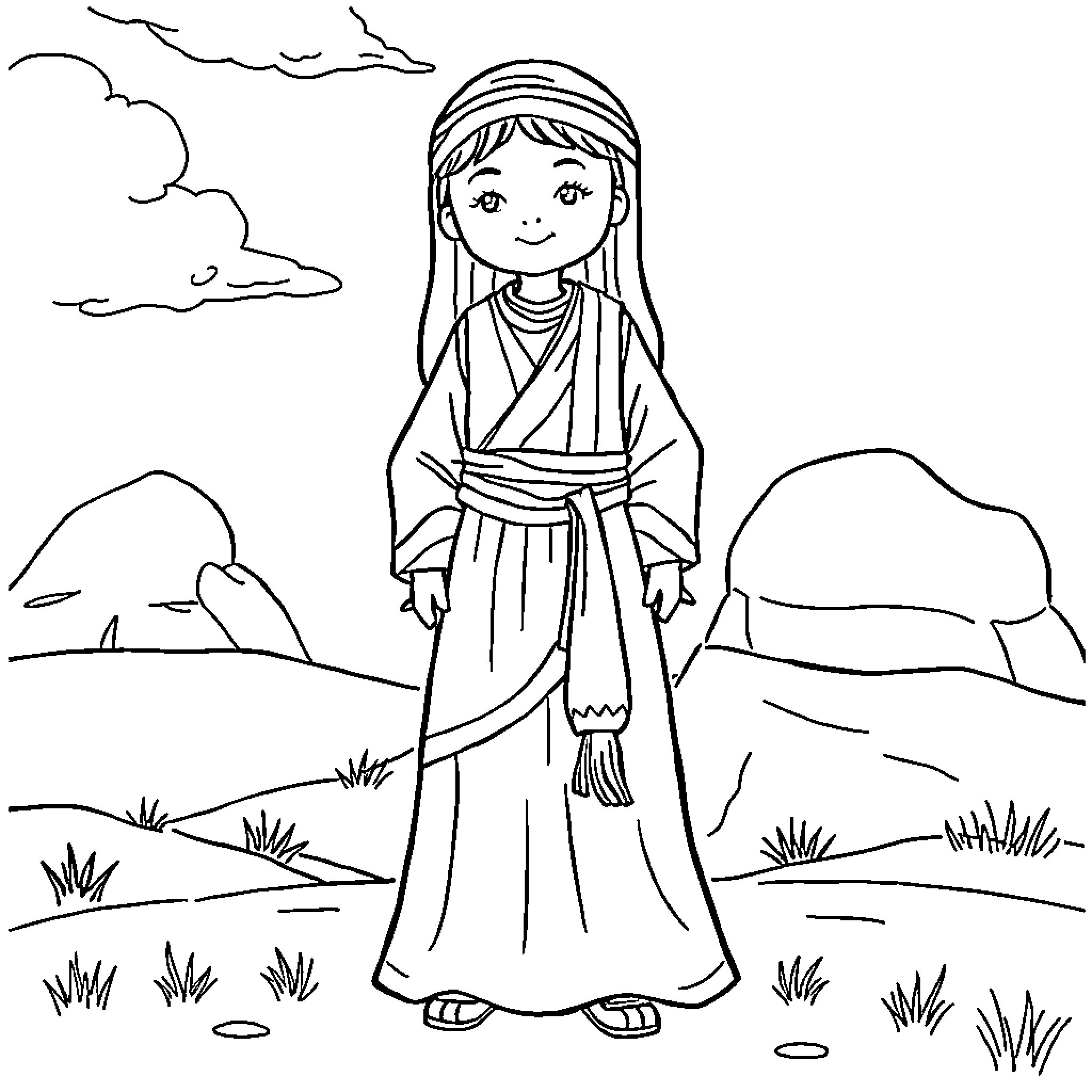 Rumi in a serene landscape Coloring Page (free black-and-white line drawing printable PDF for all, from beginners to advanced learners, including children, teens, adults, and seniors)